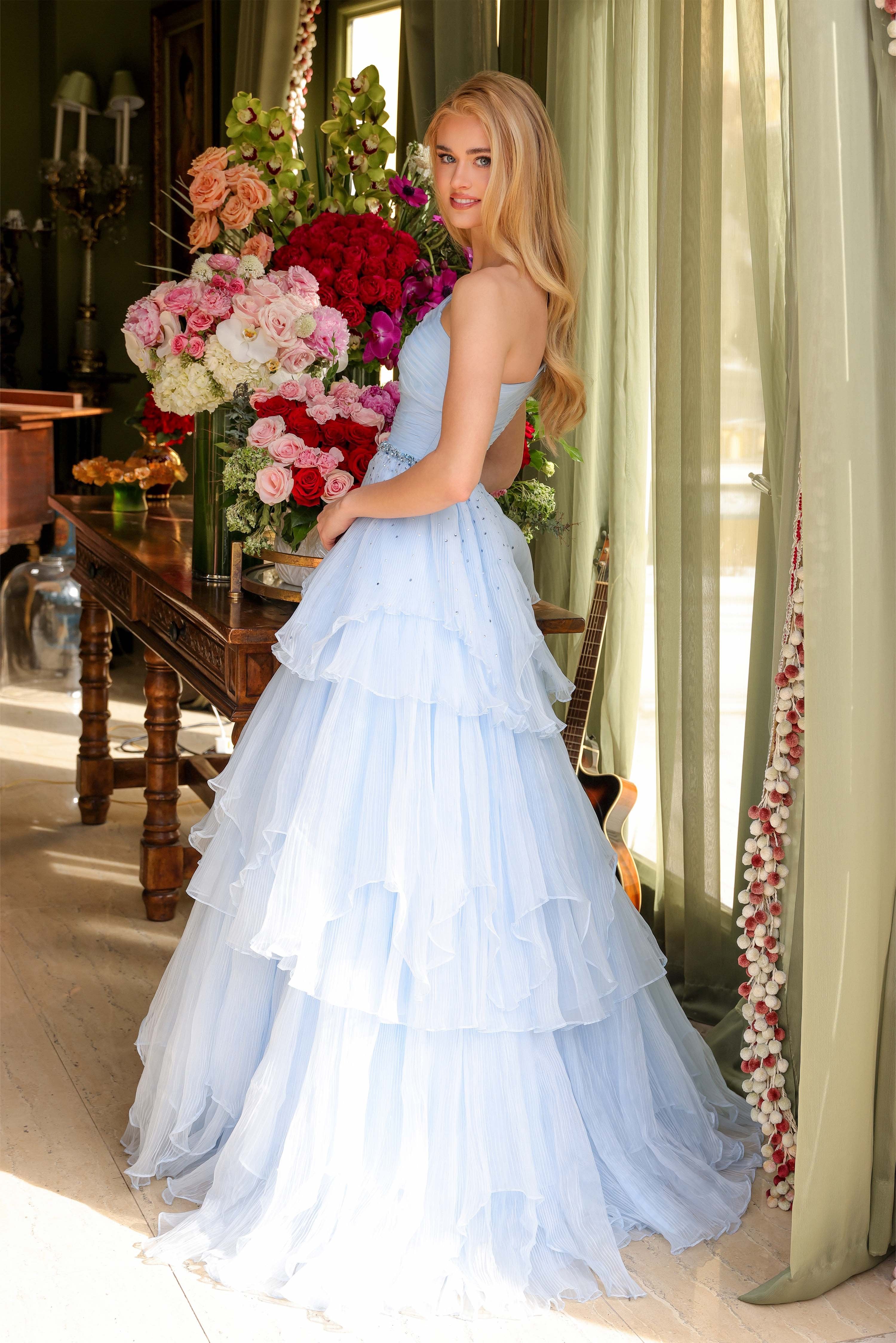 Prom Dresses Pleated A Line Beaded Long Formal Teired Prom Dress Light Blue