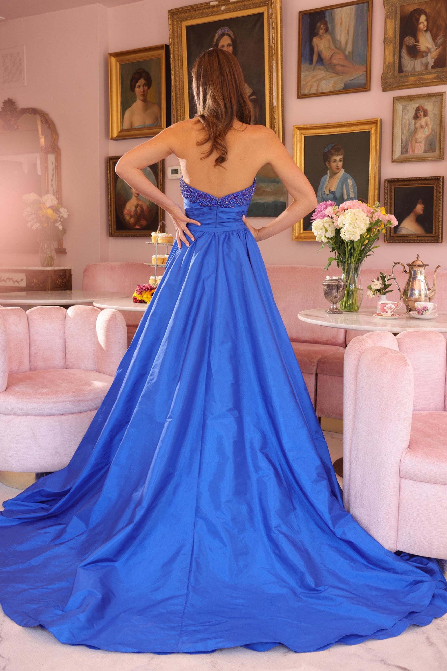 Prom Dresses Pleated Long Beaded Formal Detachable Overskirt Prom Dress Royal