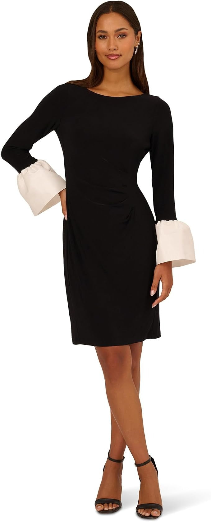 Black Bateau Knee-Length Crepe Cocktail Sheath Dress Contrast Cuff Sleeves Adrianna Papell AP1D106098