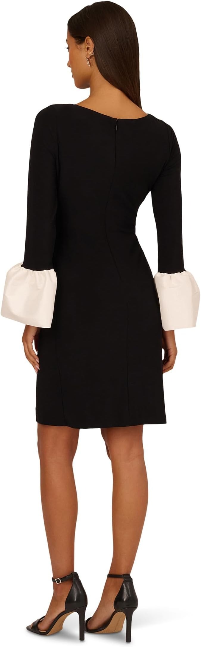 Black Bateau Knee-Length Crepe Cocktail Sheath Dress Contrast Cuff Sleeves Adrianna Papell AP1D106098