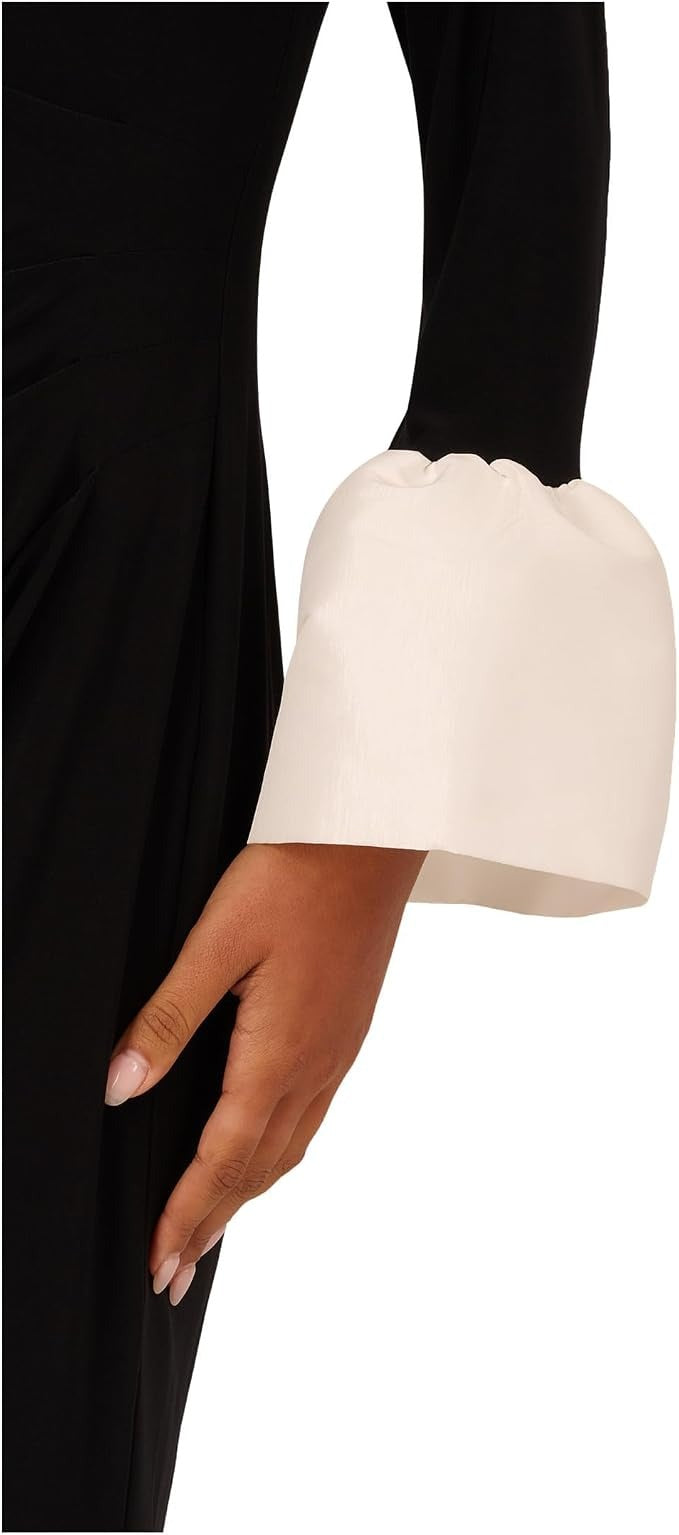 Black Bateau Knee-Length Crepe Cocktail Sheath Dress Contrast Cuff Sleeves Adrianna Papell AP1D106098