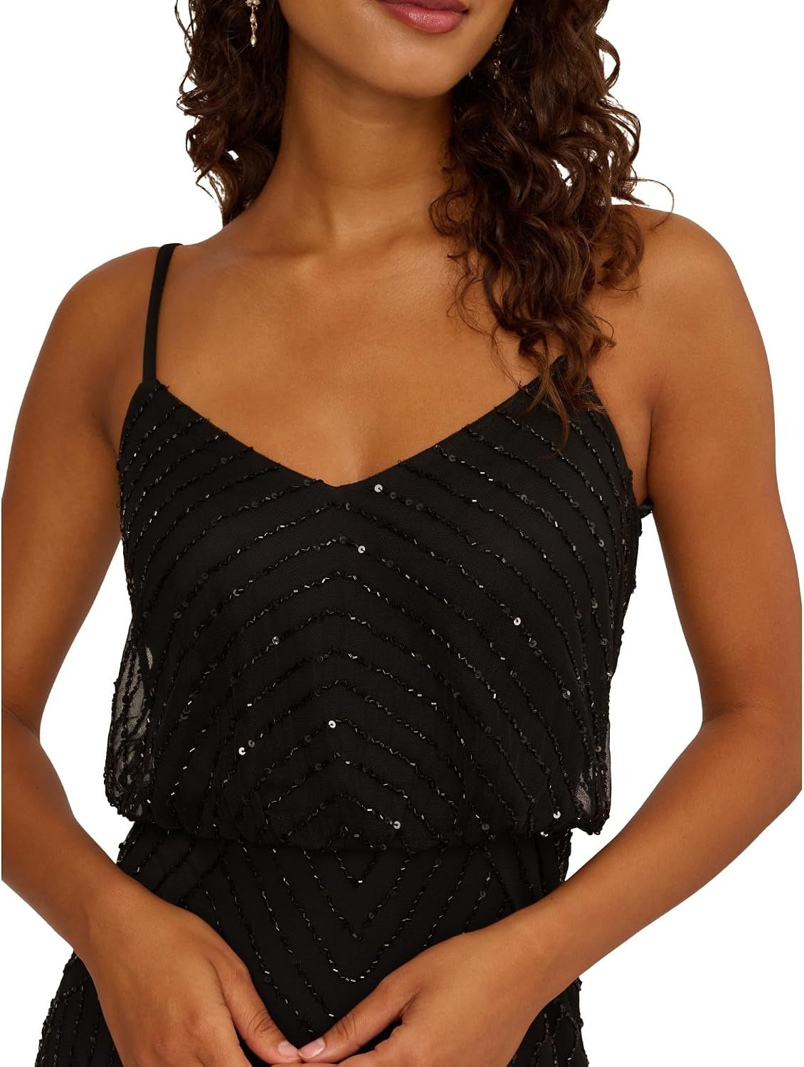 V-Neck Floor-Length Sequin Prom Sheath/Column Adrianna Papell 091866700