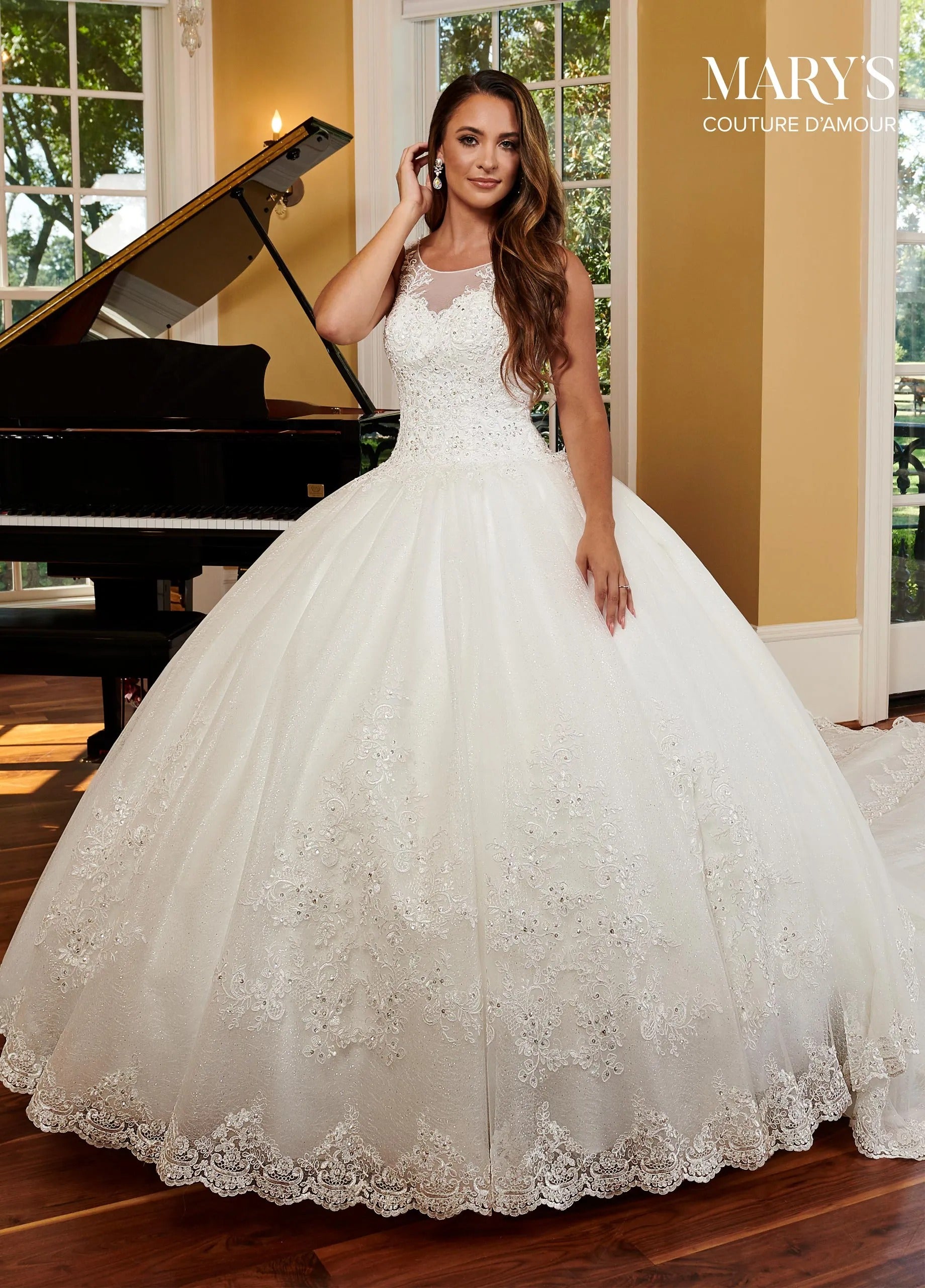 Ivory Illusion Sweetheart Floor-Length Sparkling Tulle Wedding Ball Gown with Detachable Royal Train Rachel Allan 6364