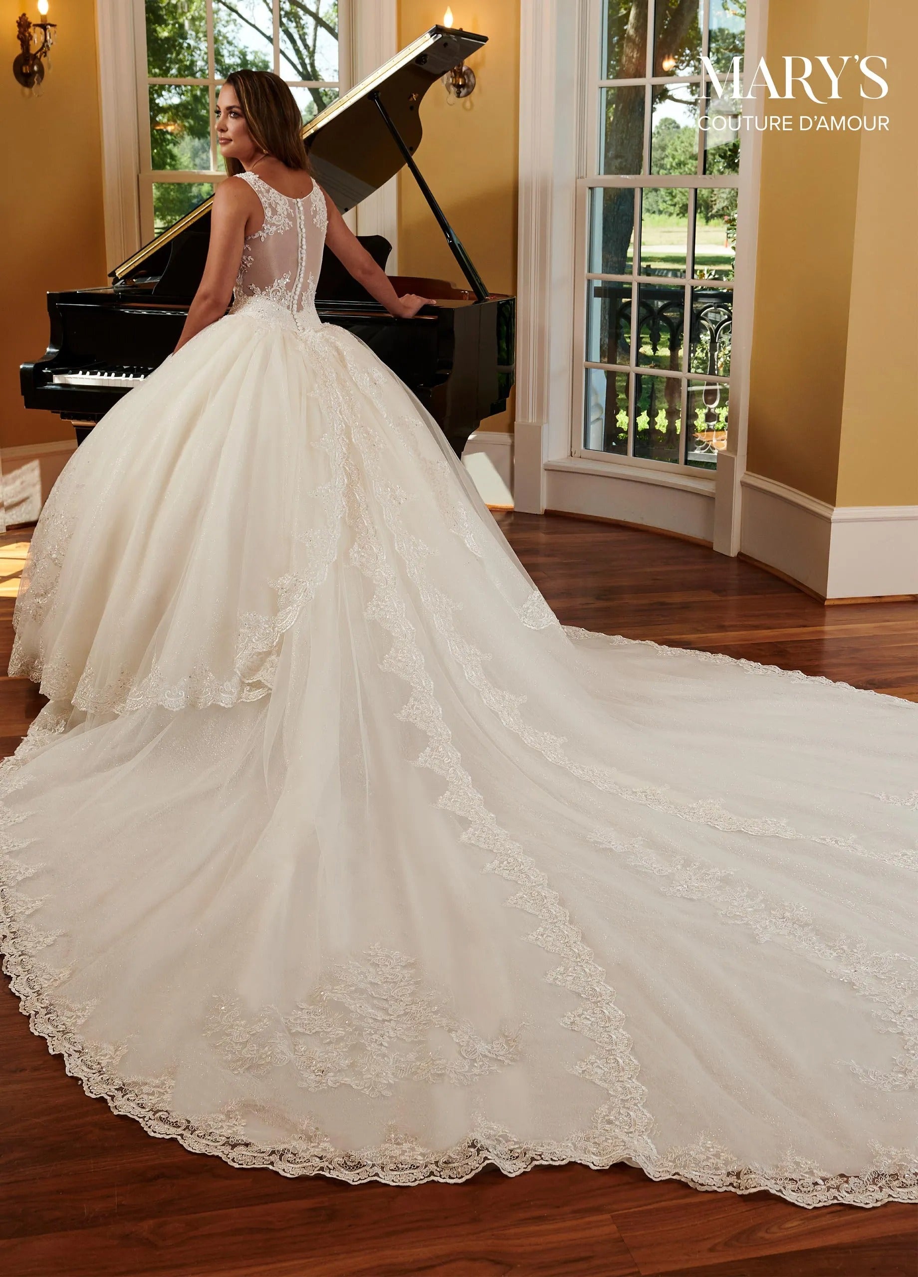 Ivory Illusion Sweetheart Floor-Length Sparkling Tulle Wedding Ball Gown with Detachable Royal Train Rachel Allan 6364