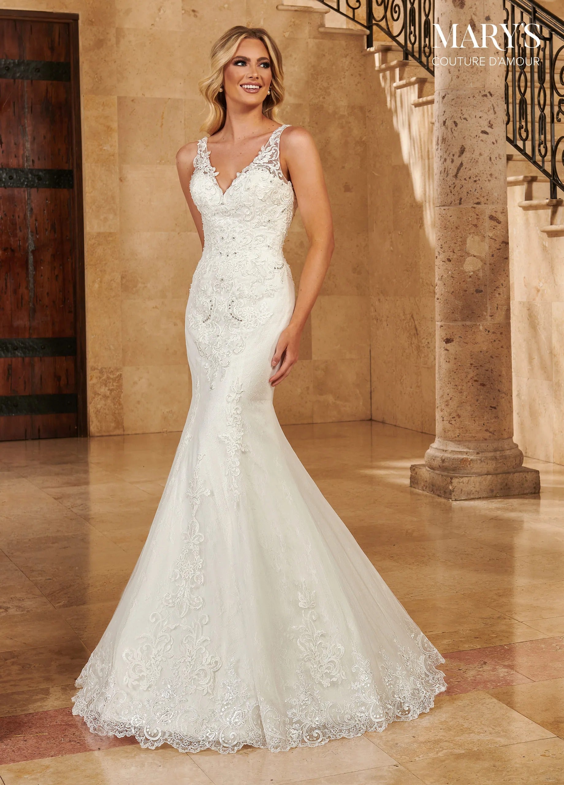 Ivory V-Neck Floor-Length Lace Bridal Mermaid Gown with Overskirt Train Rachel Allan MB4129