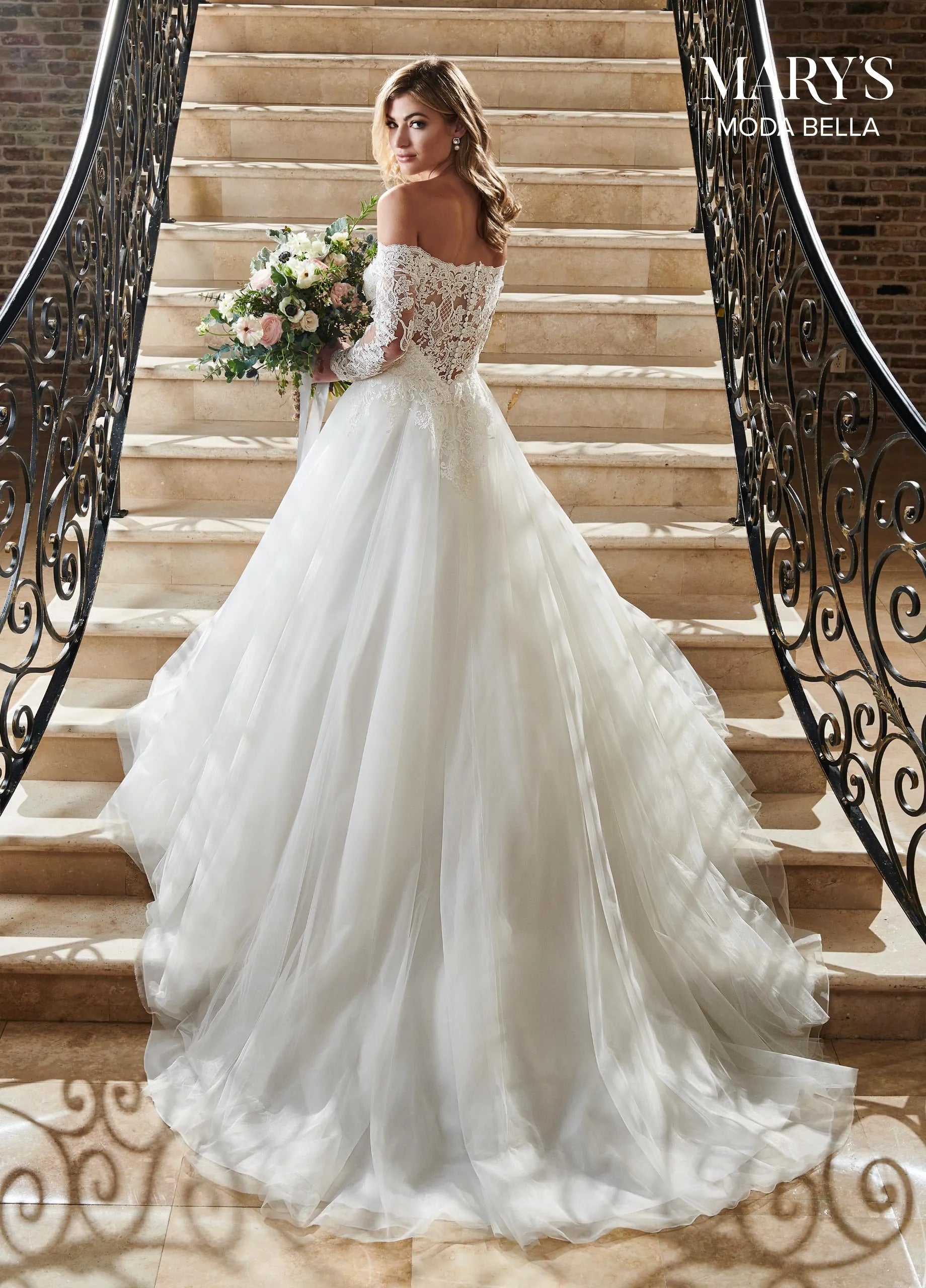 Ivory Off-the-Shoulder Floor-Length Tulle Bridal Ball Gown with Lace Bodice Rachel Allan MB2070