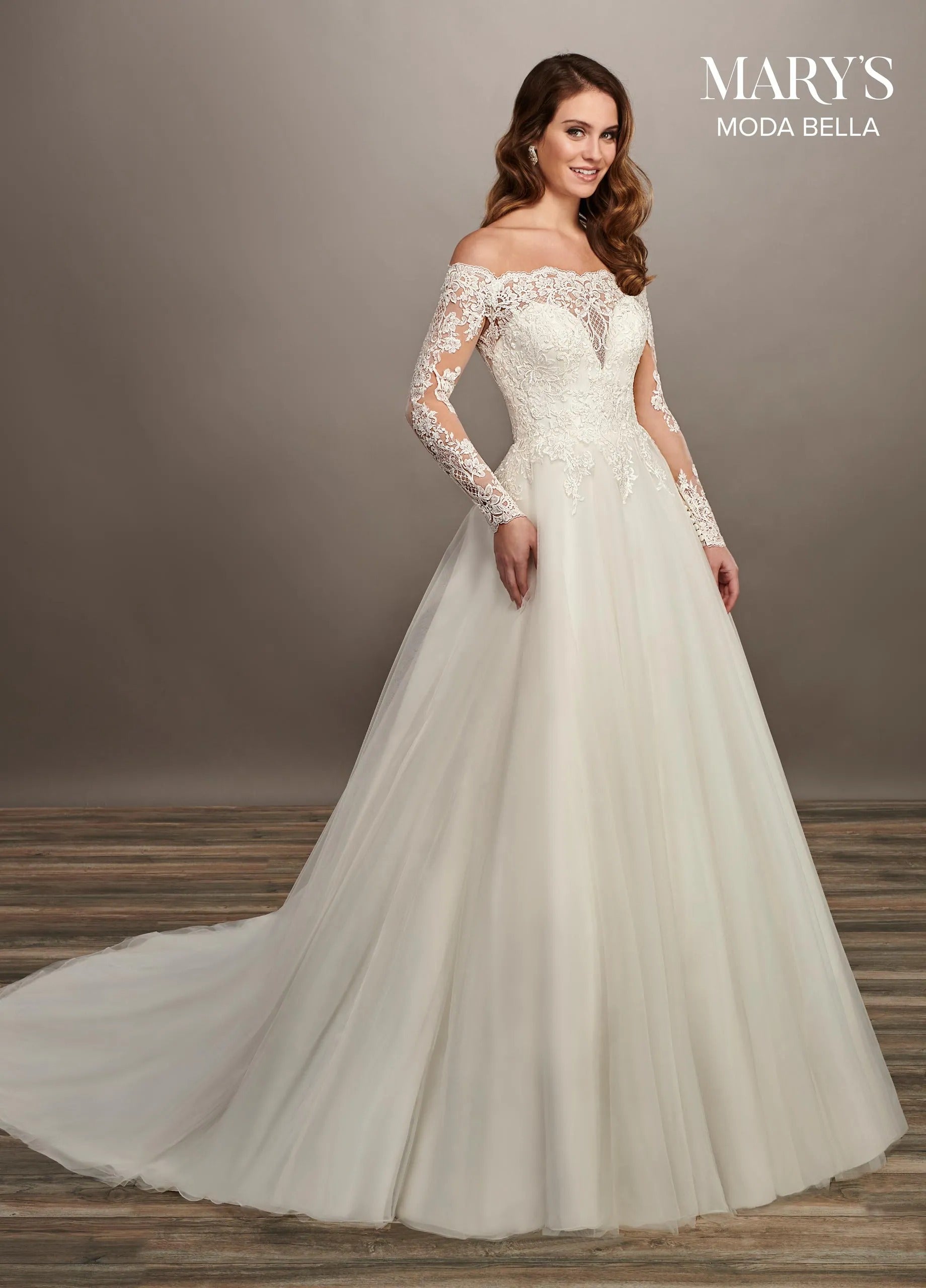 Ivory Off-the-Shoulder Floor-Length Tulle Bridal Ball Gown with Lace Bodice Rachel Allan MB2070