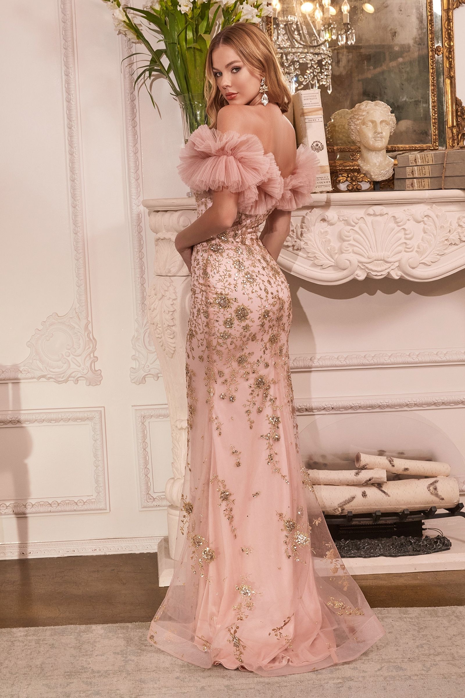 LaDivine J818 Off Shoulder Long Prom Gown in Rose Gold