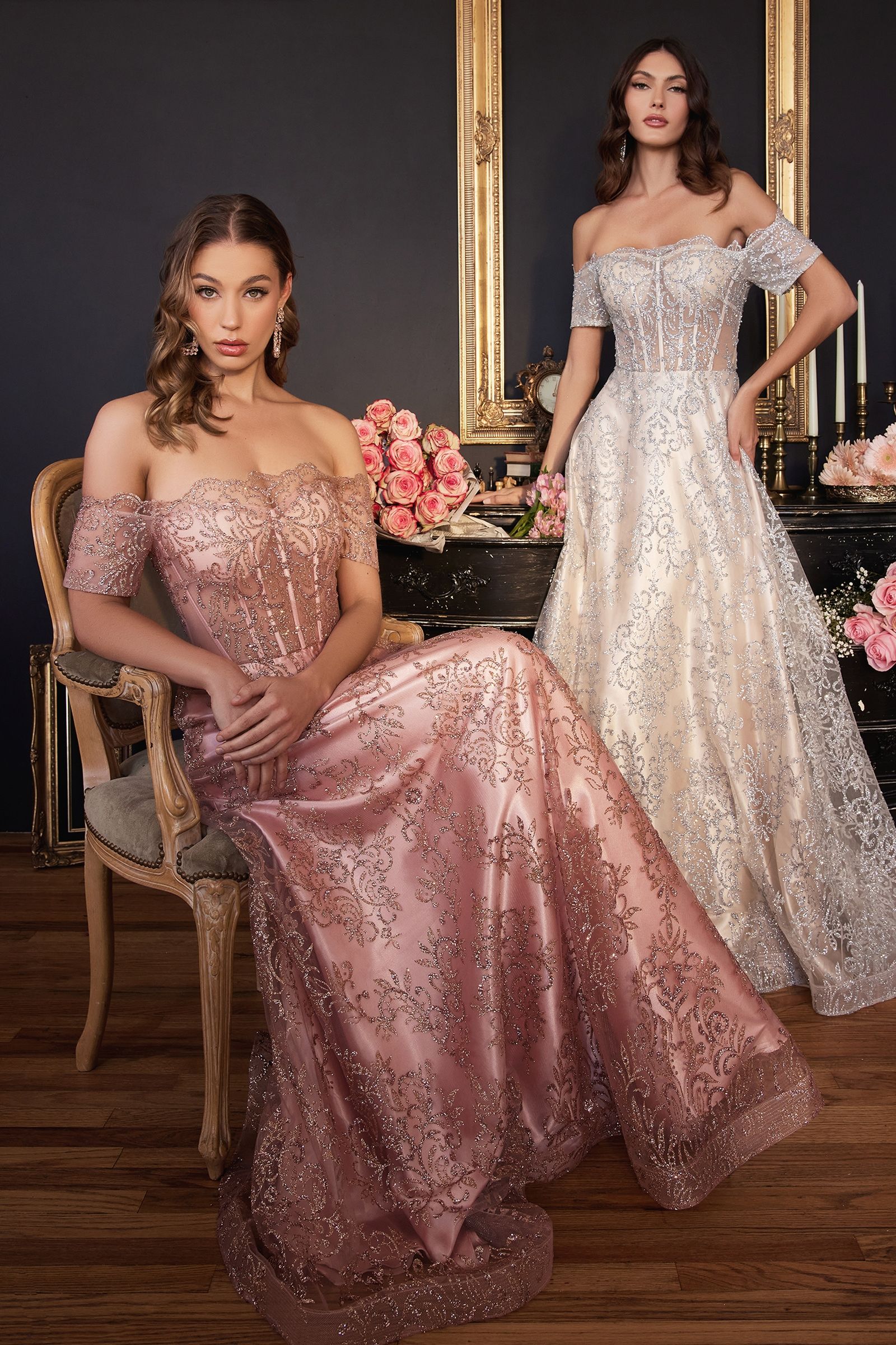 LaDivine J835 Long Off Shoulder Prom Dress in Rose Gold