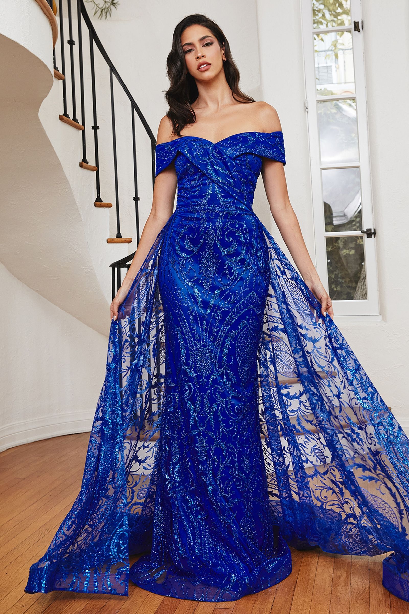 LaDivine J836 Long Off Shoulder Evening Gown in Royal