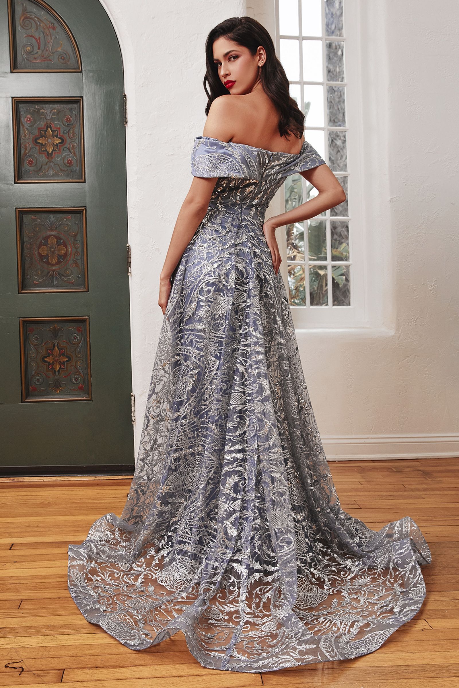 LaDivine J836 Long Off Shoulder Evening Gown in Smoky Blue