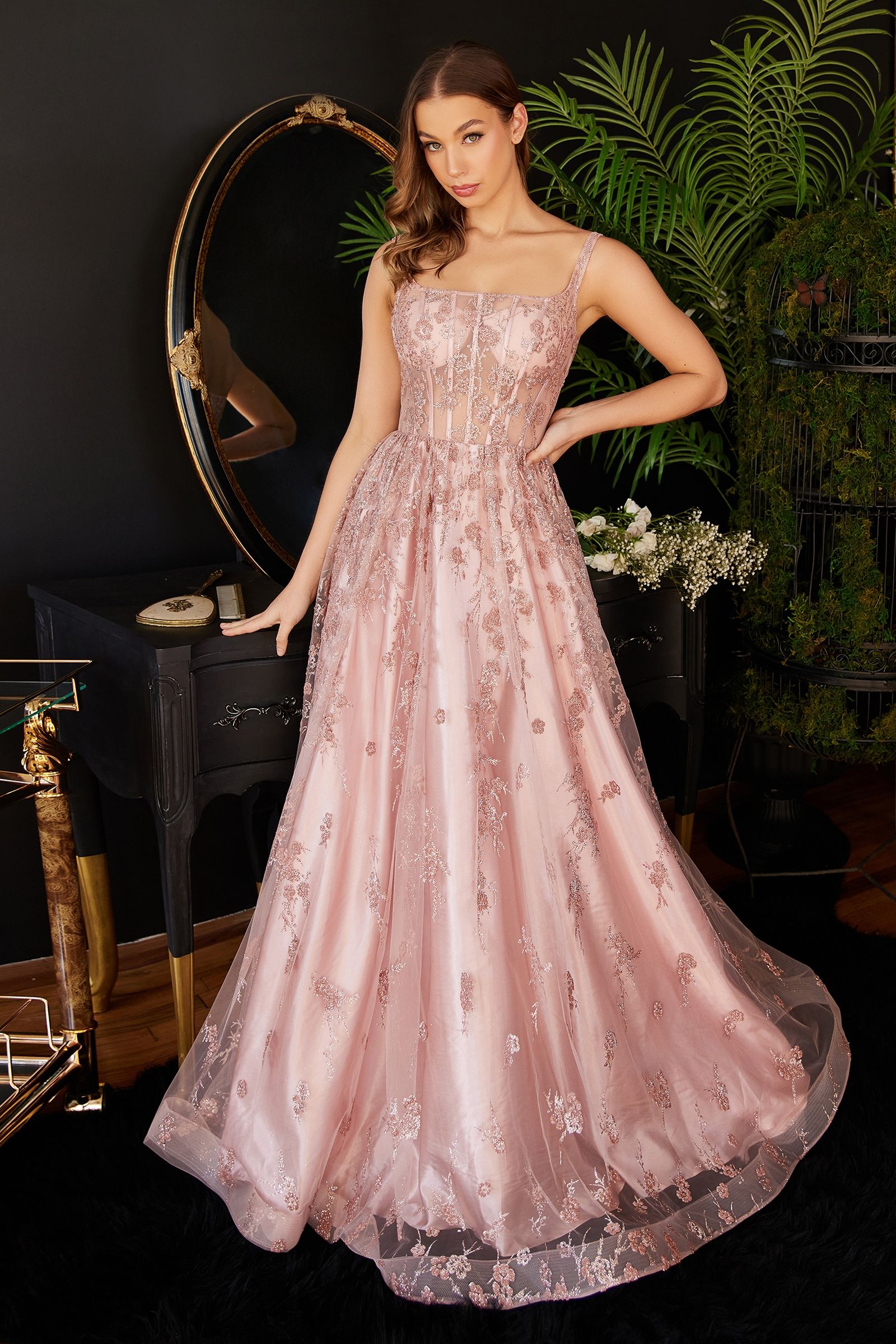Prom Dresses Ball Gown Long Formal Glitter Print Prom Dress Rose Gold