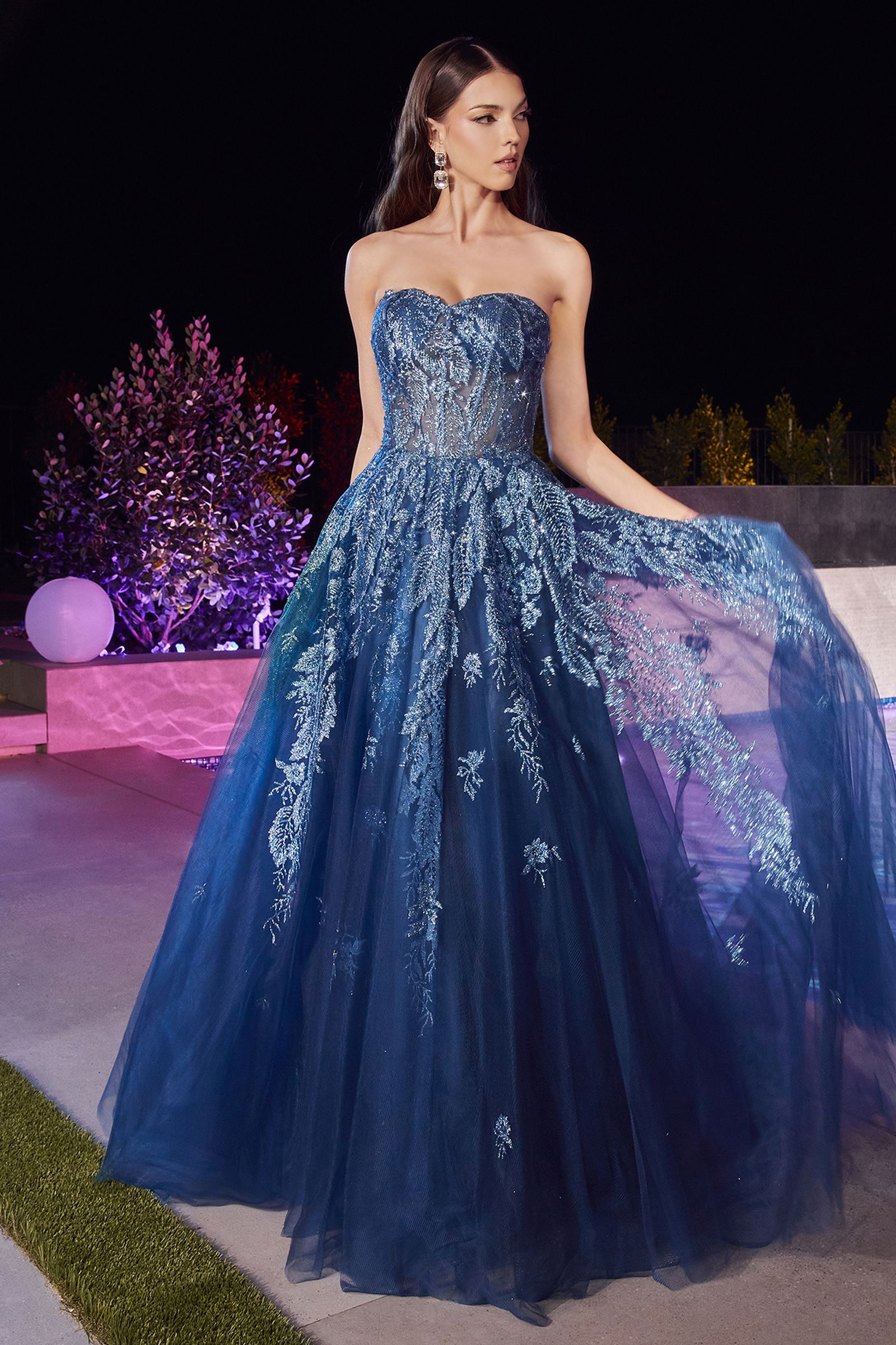 LaDivine J852 Strapless Long Prom Dress in Lapis Blue