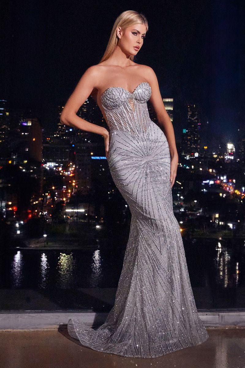 Silver LaDivine J871 Long Prom Formal Beaded Glitter Dress Prom