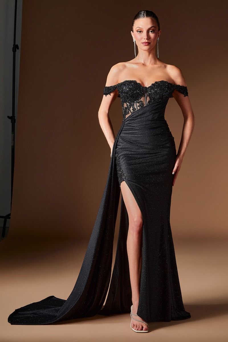 Black Off-the-Shoulder Floor-Length Prom Dress High Slit LaDivine J914