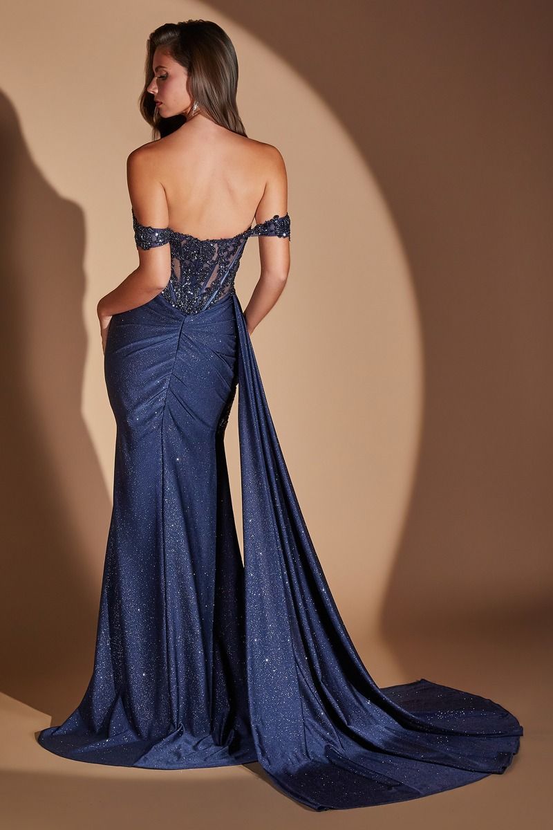 Navy Off-the-Shoulder Floor-Length Prom Dress High Slit LaDivine J914