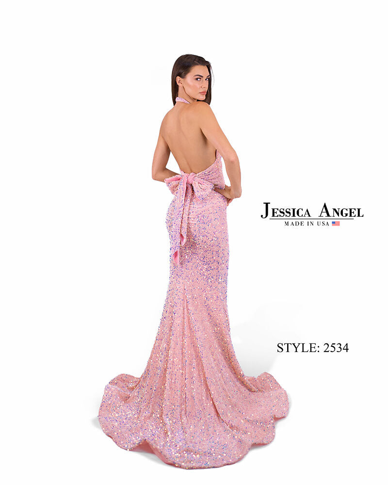 Prom Dresses Velvet Long Sequin Formal Slit Fitted Prom Dress Jessica Angel 2534 Pink