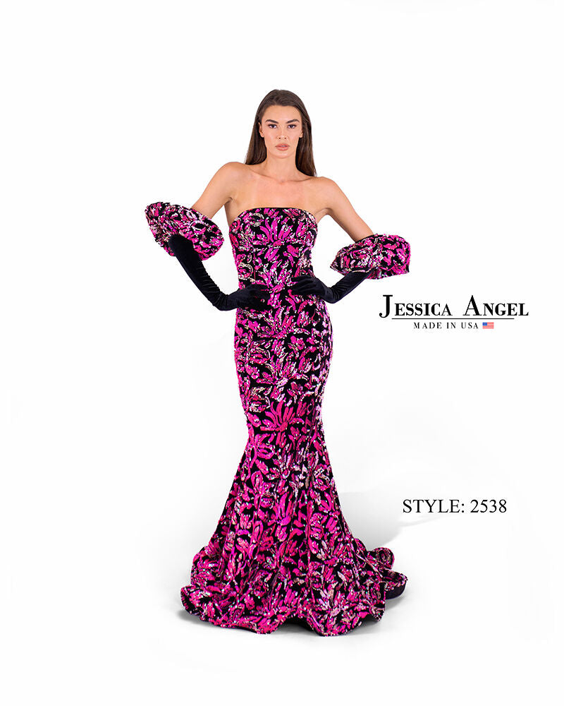 Prom Dresses Floral Sequin Velvet Long Formal Mermaid Prom Dress Jessica Angel 2538 Fuchsia