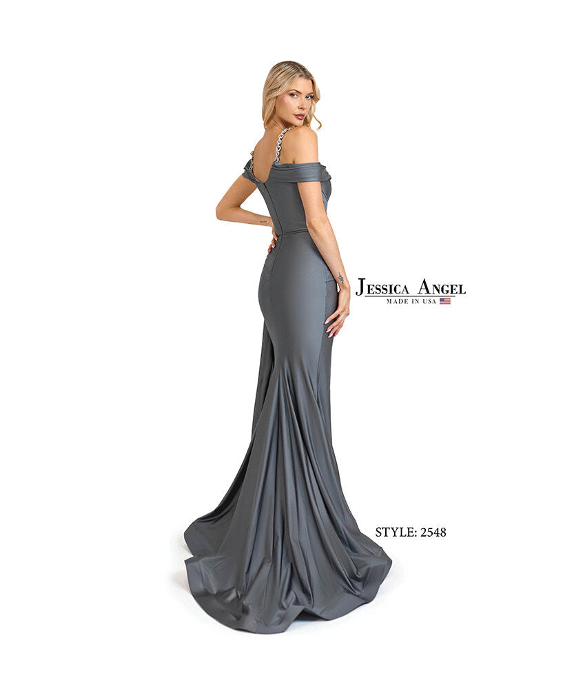 Prom Dresses Long Formal Fitted Prom Slit Dress Jessica Angel 2548 Light Titanium