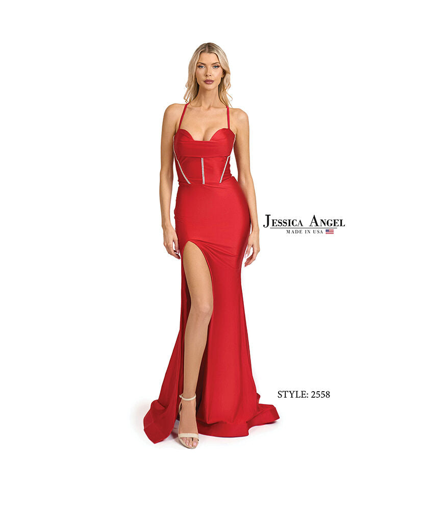 Prom Dresses Slit Fitted Long Formal Corset Prom Dress Jessica Angel 2558 Red