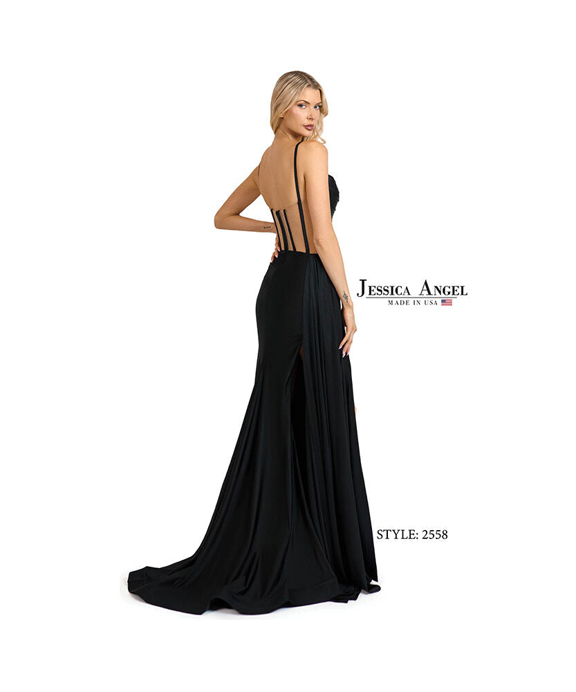 Prom Dresses Long Formal Fitted Beaded Slit Corset Prom Dress Jessica Angel 2559 Black
