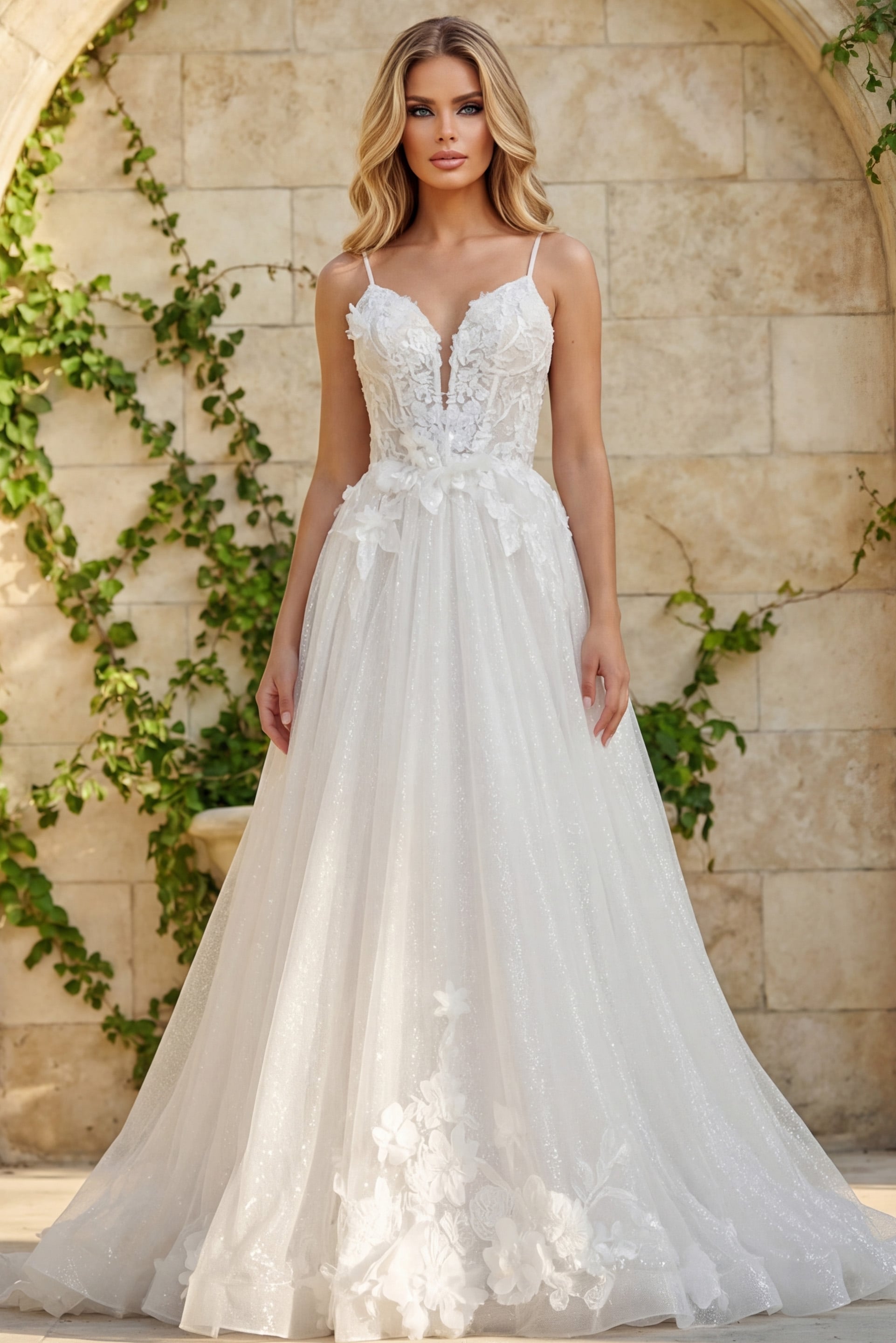 V-Neck Floor-Length Tulle Wedding A-Line Gown Jovani JB43315