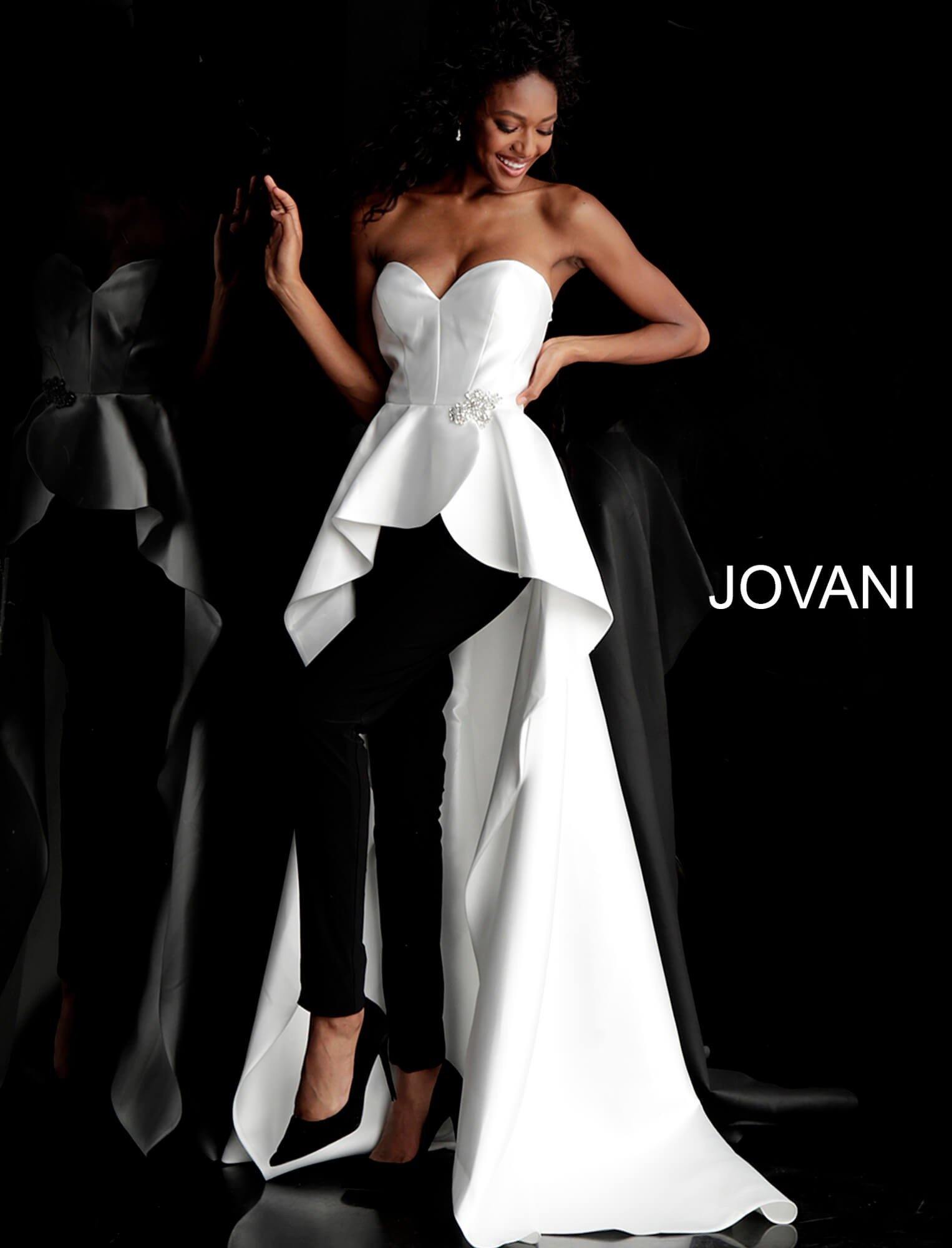 Ivory/Black Jovani 66852 Two Piece with Overskirt Prom Pantsuit