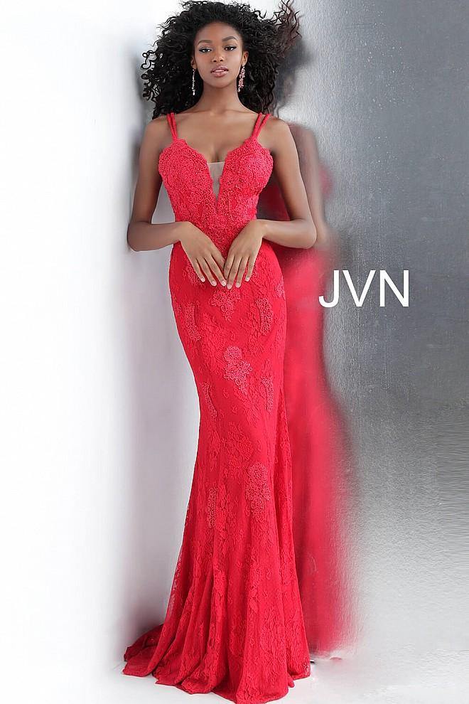 Red Jovani 66971 Long Fitted Formal Lace Prom Gown