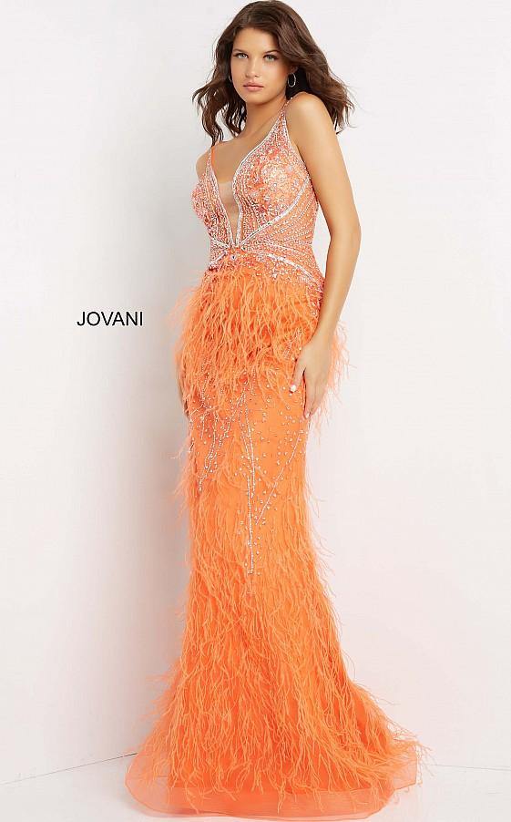 Jovani 03023 Prom Long Sleeveless Feather Dress Orange