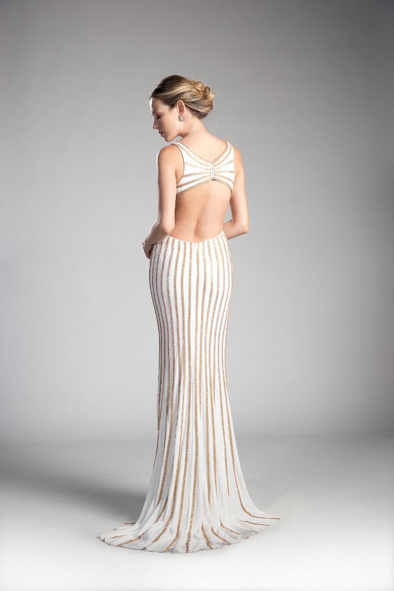 Prom Dresses Fitted Formal Long Beaded Prom Dress Cream Gold
