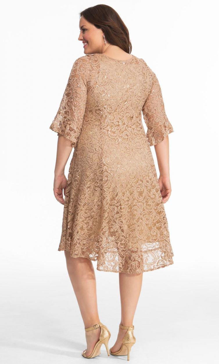 Kiyonna Long Sleeve Sequin Lace Cocktail Dress - The Dress Outlet Kiyonna