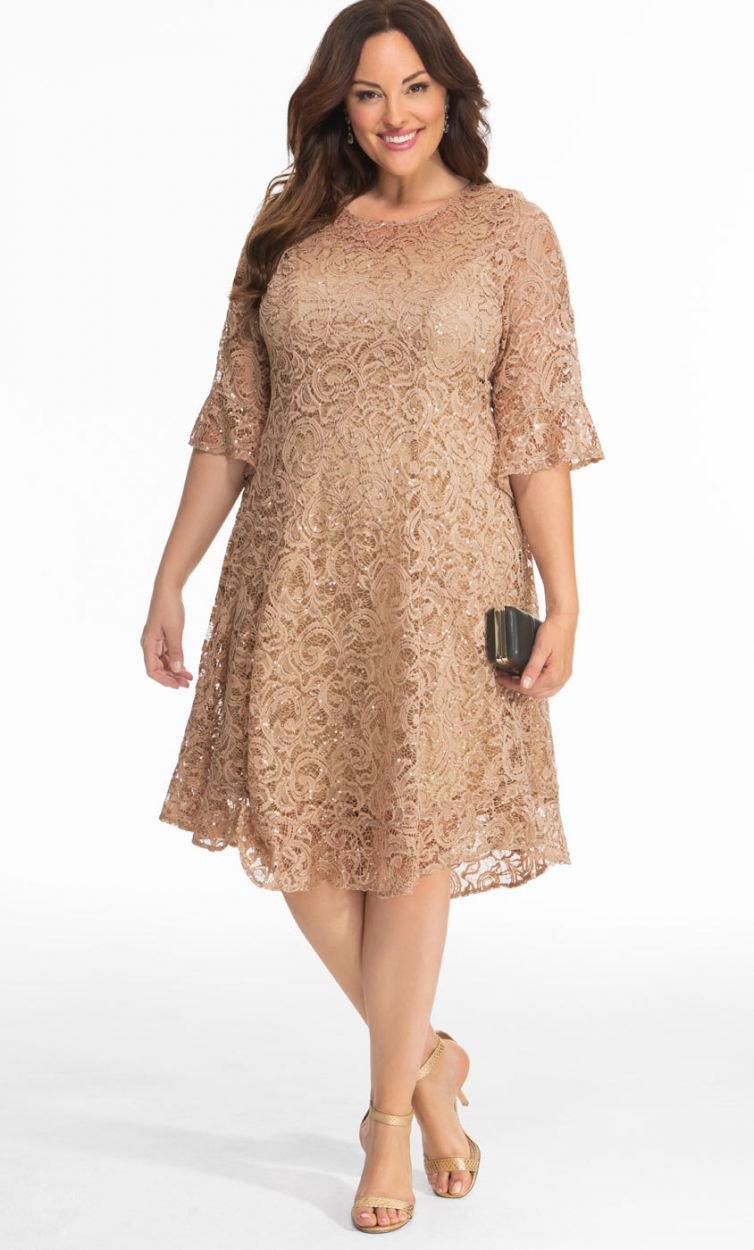 Kiyonna Long Sleeve Sequin Lace Cocktail Dress - The Dress Outlet Kiyonna