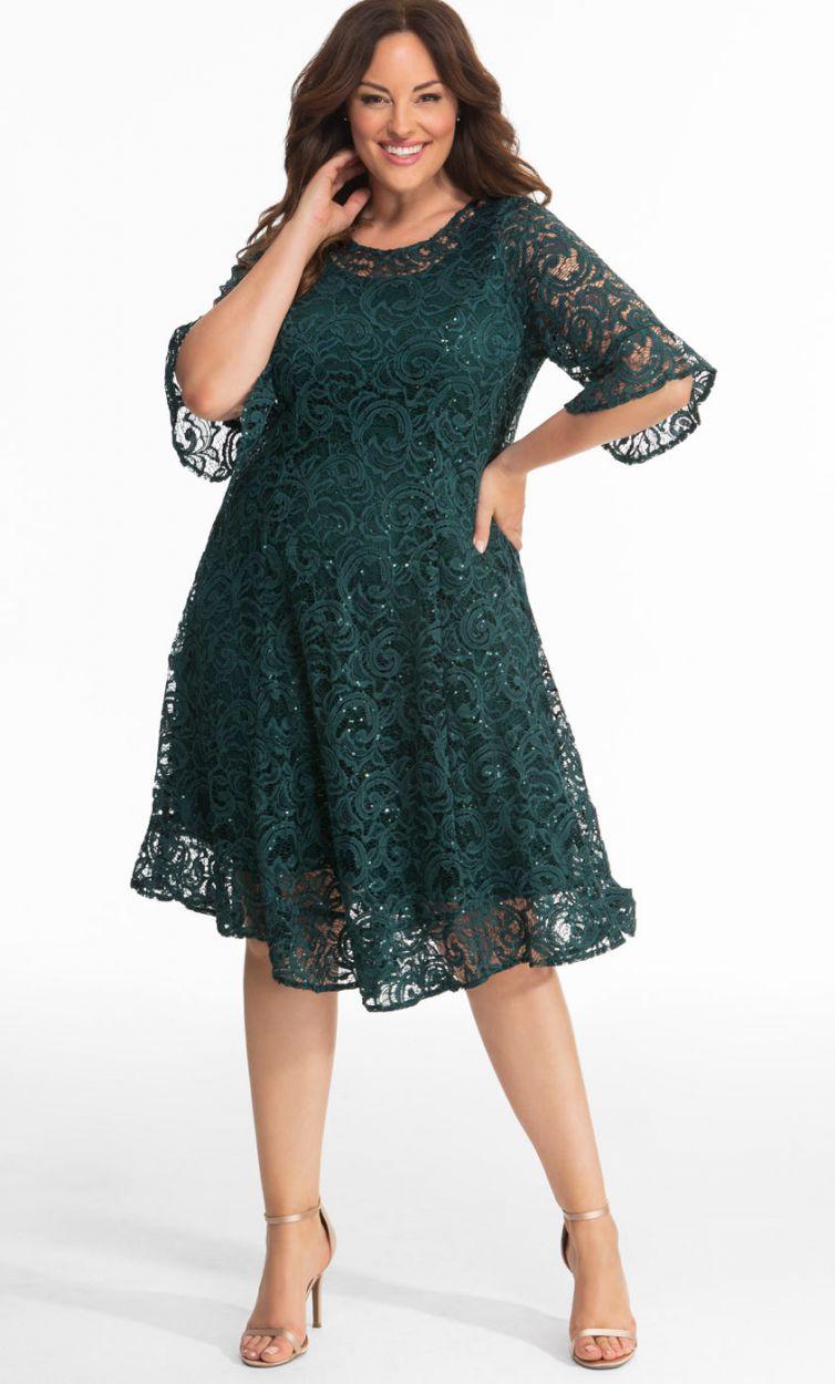 Kiyonna Long Sleeve Sequin Lace Cocktail Dress - The Dress Outlet Kiyonna