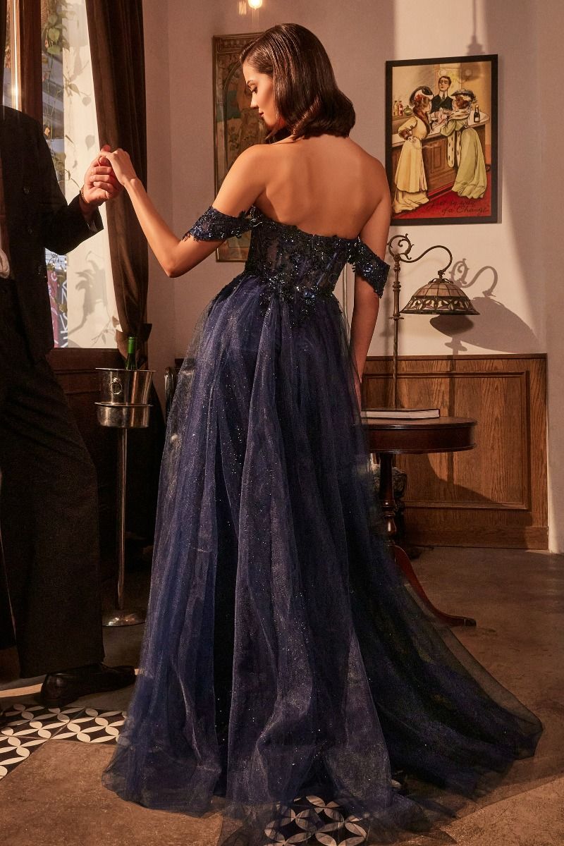 Prom Dresses A Line Long Formal Slit Corset Prom Gown Navy