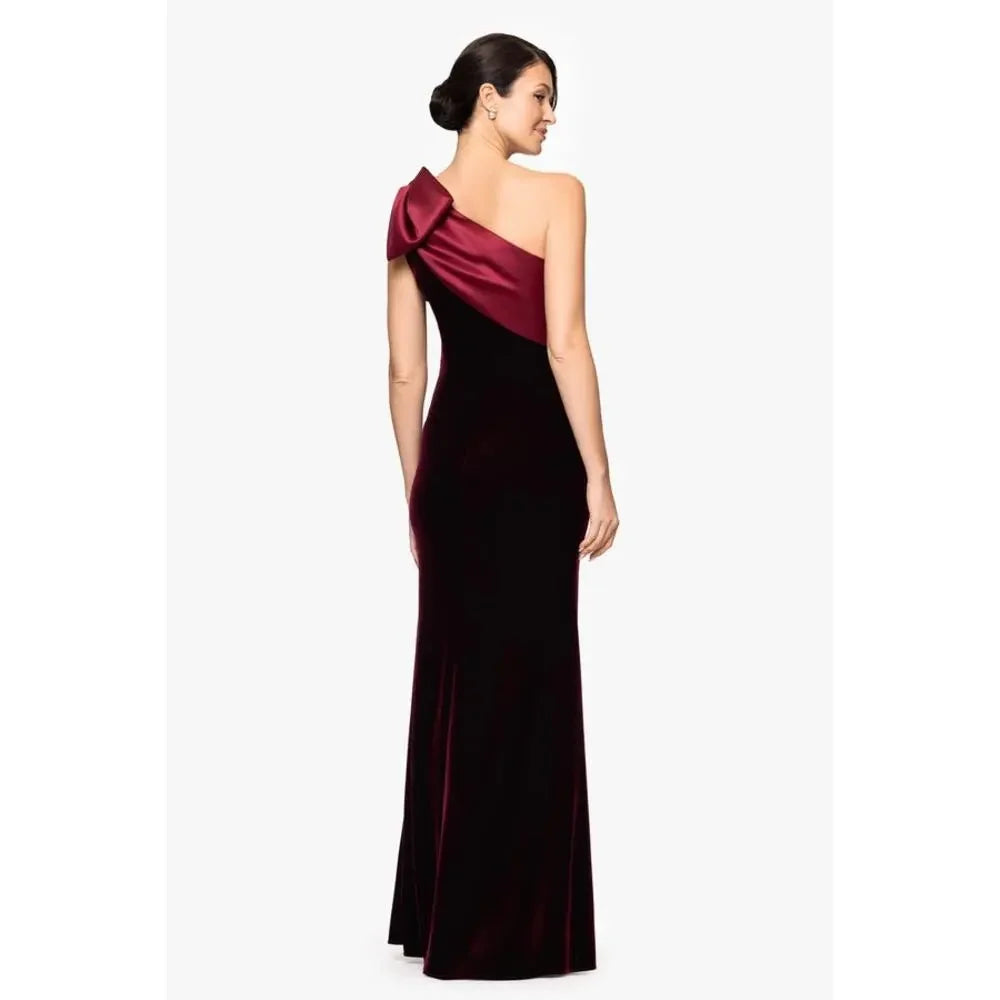 Burgundy Betsy & Adam A26732Z One-Shoulder Floor-Length Velvet Formal Bow Dress