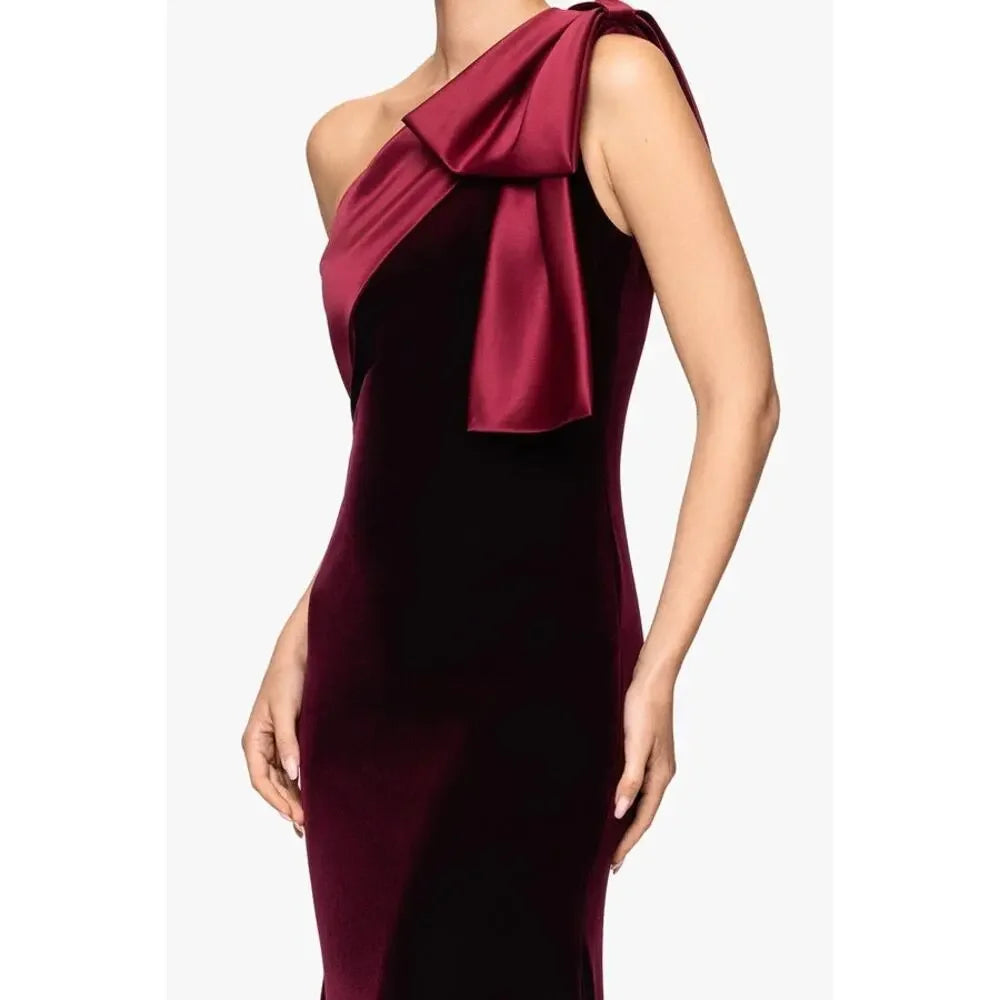 Burgundy Betsy & Adam A26732Z One-Shoulder Floor-Length Velvet Formal Bow Dress