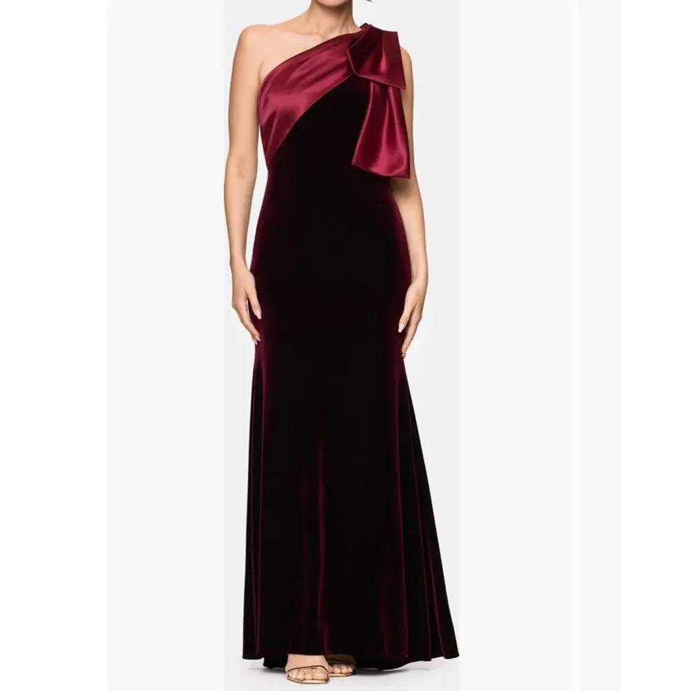 Burgundy Betsy & Adam A26732Z One-Shoulder Floor-Length Velvet Formal Bow Dress
