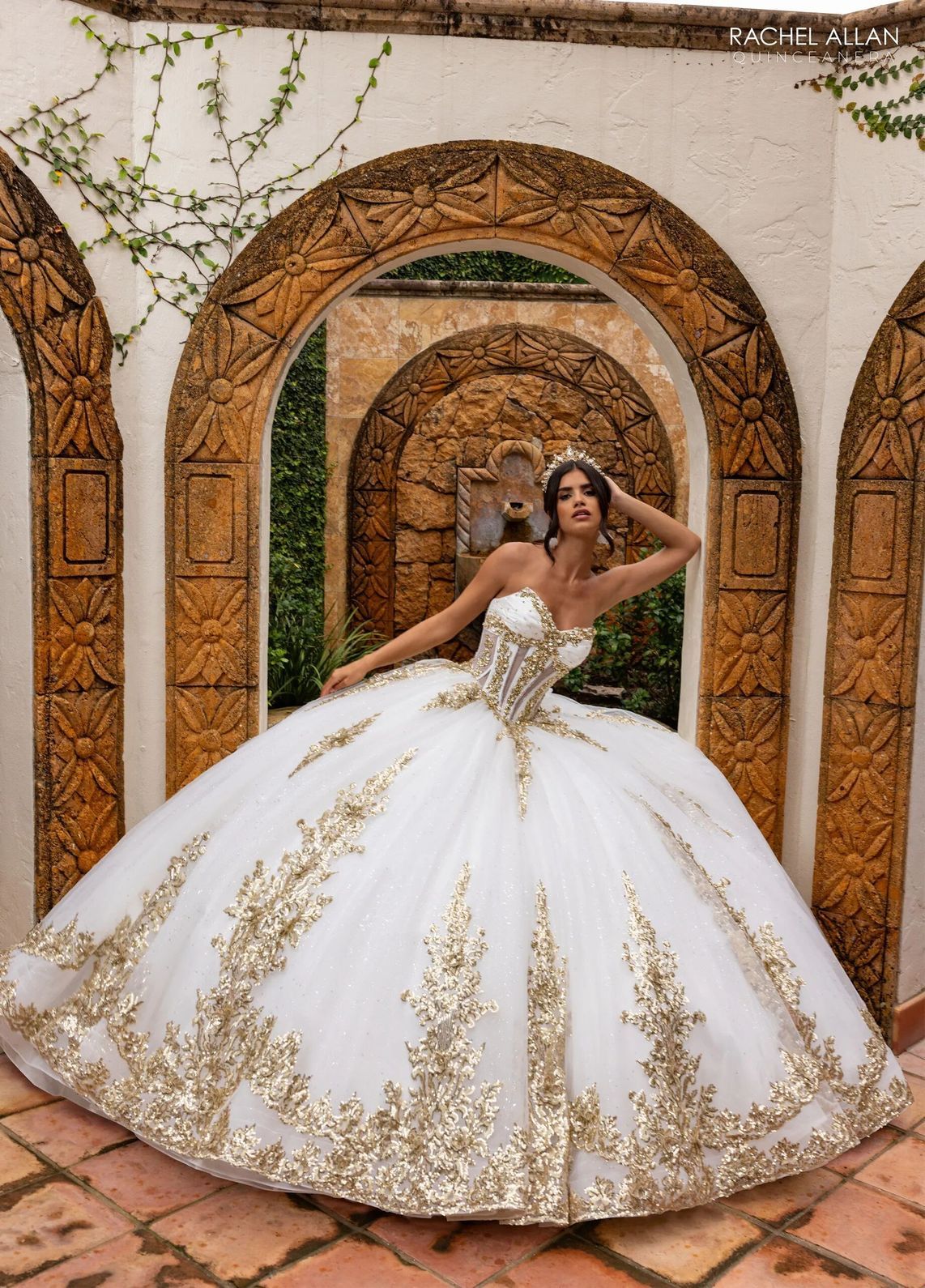 Ivory Gold Sweetheart Floor Length Glitter Tulle Quinceanera Ball Gown with 3D Floral Applique Rachel Allan RQ2225