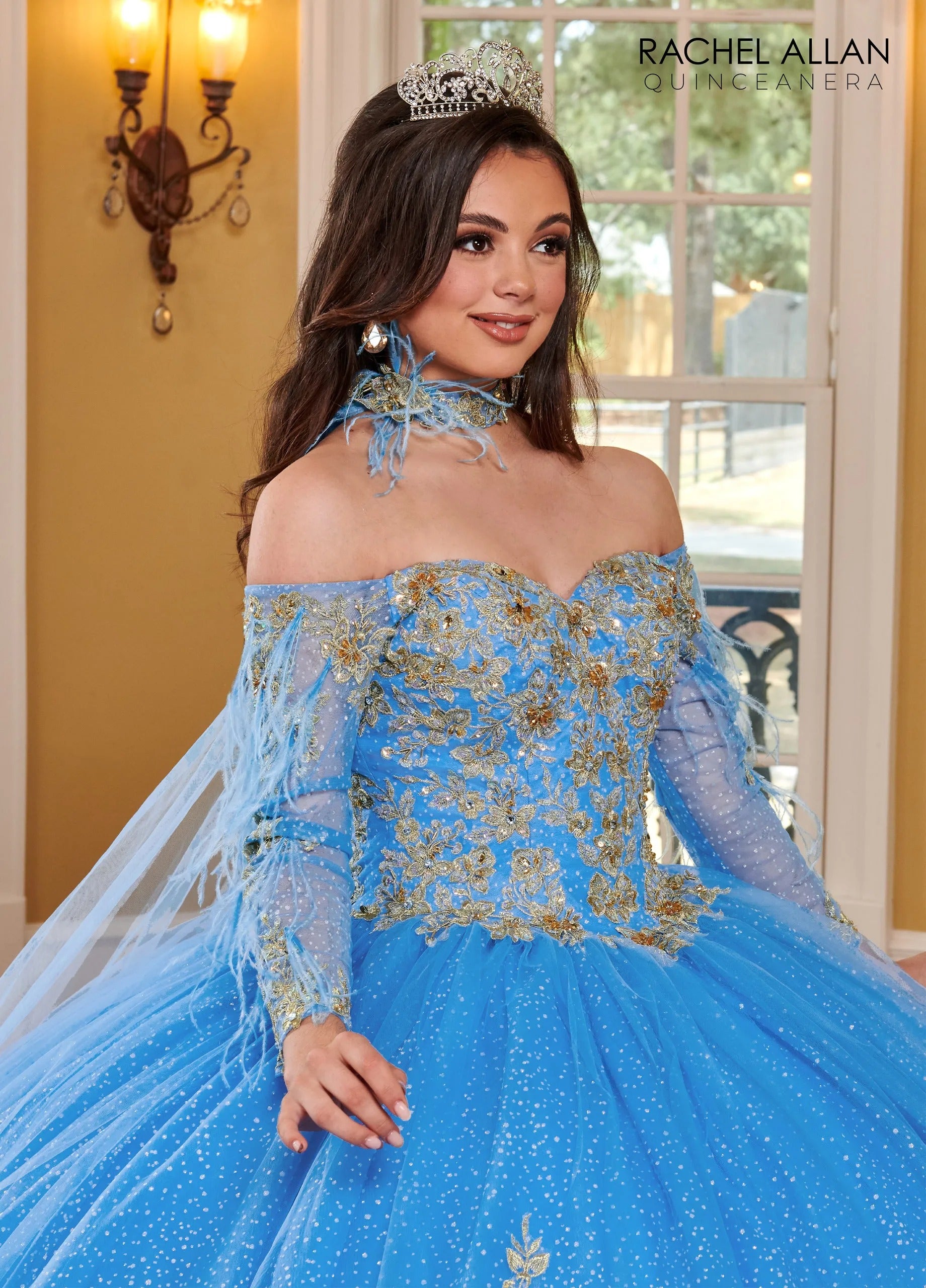 Azure Gold Sweetheart Floor Length Glitter Tulle Quinceanera Ball Gown with Feather Cape Rachel Allan RQ2167
