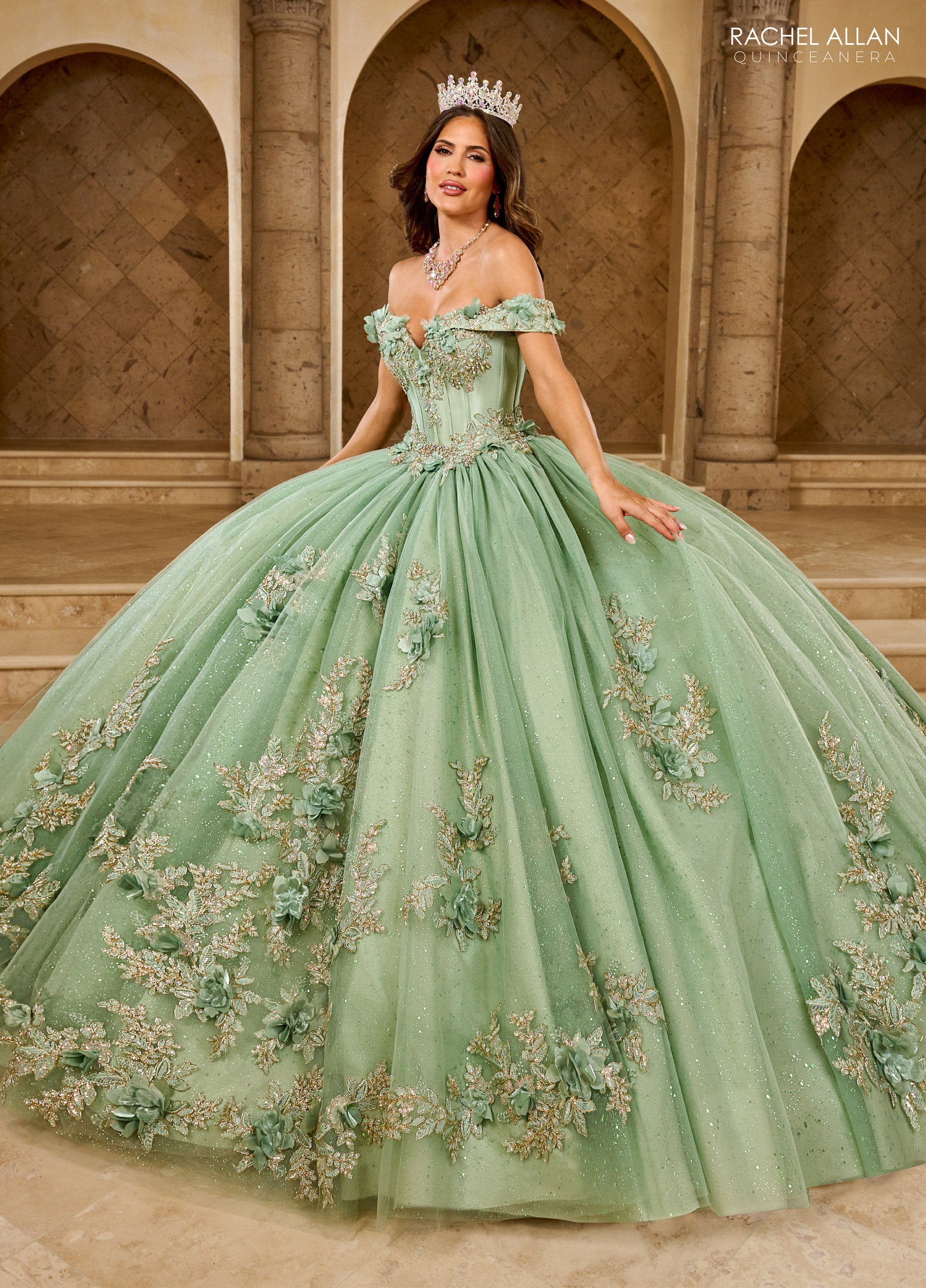 Quinceniera Dresses Long Glitter Ball Gown Lace Quinceanera Dress Sage