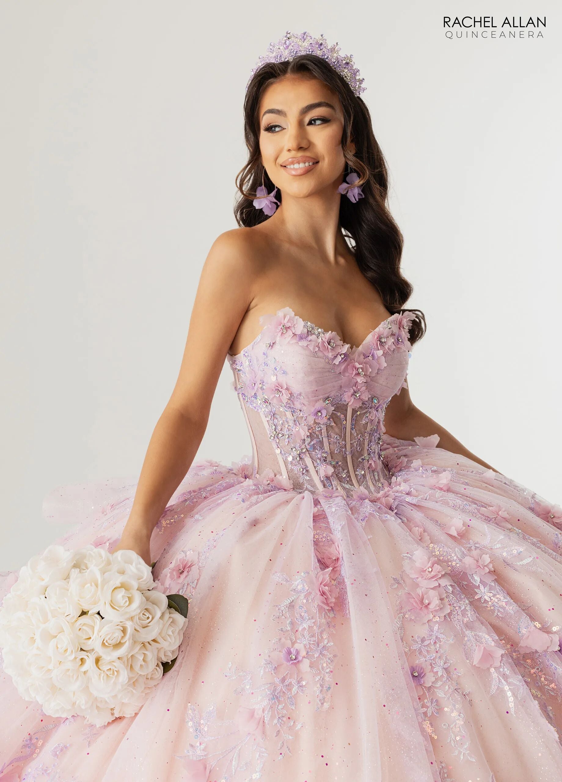 Lilac Blush Sweetheart Floor Length Glitter Tulle Quinceanera 3D Floral Applique Ball Gown Rachel Allan RQ2242