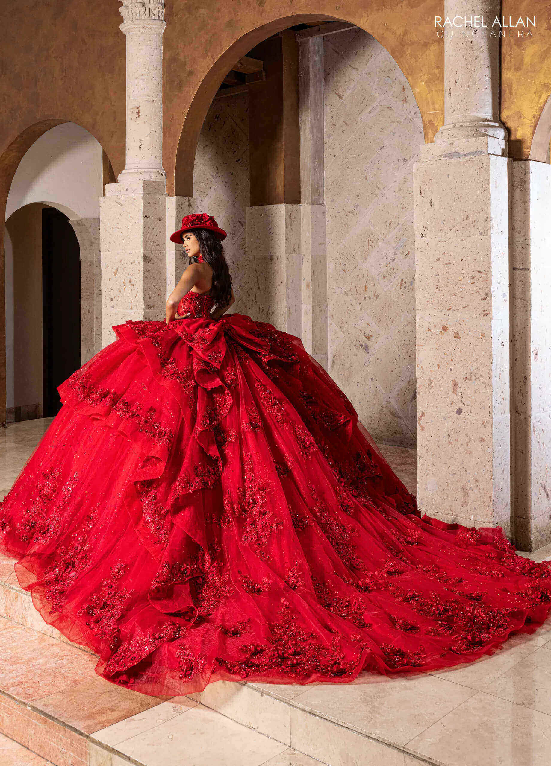Deep Red Sweetheart Floor Length Glitter Tulle Quinceanera Ball Gown with 3D Floral Applique Rachel Allan RQ2241