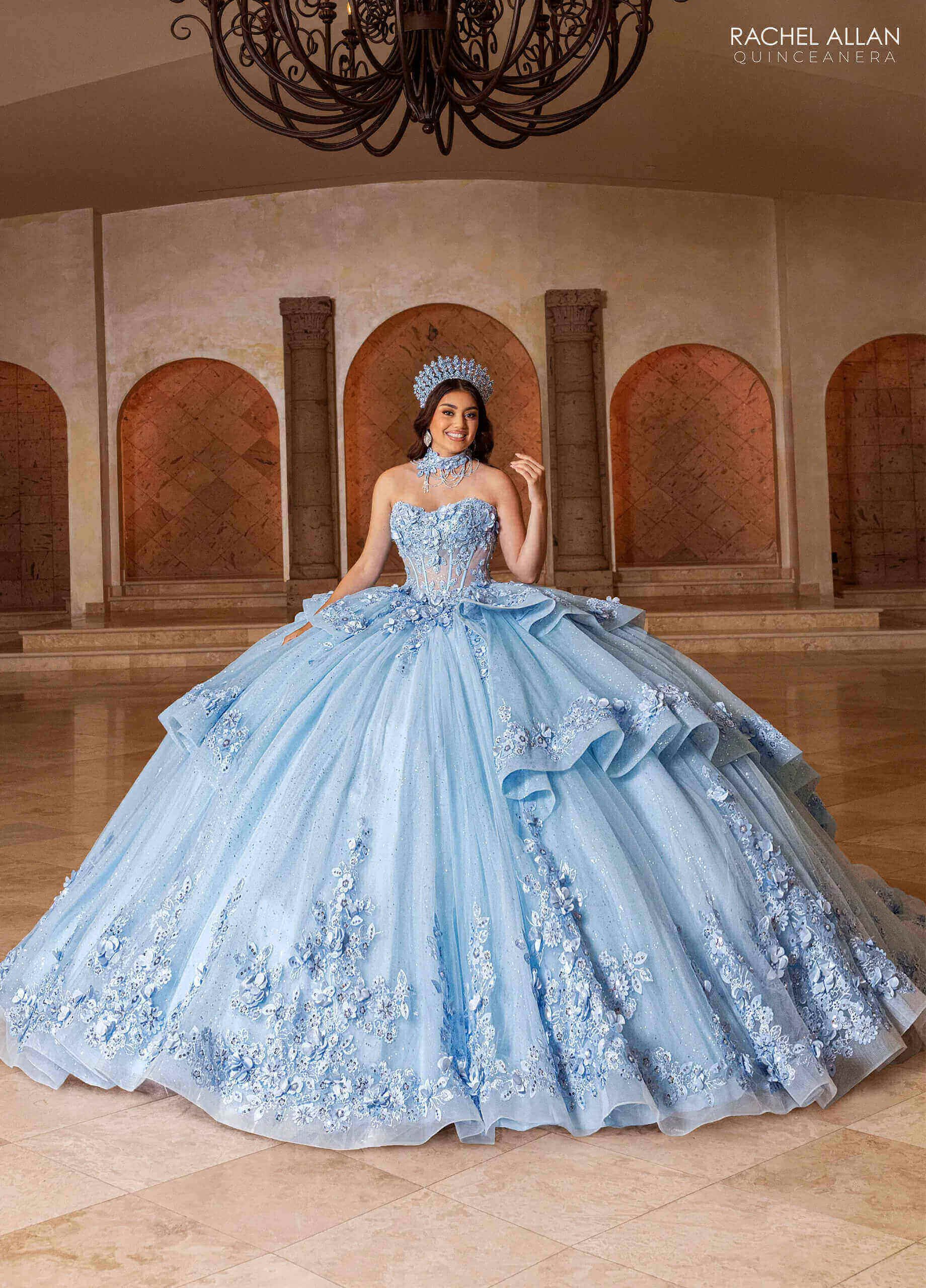 Powder Blue Sweetheart Floor Length Glitter Tulle Quinceanera Ball Gown with 3D Floral Applique Rachel Allan RQ2241