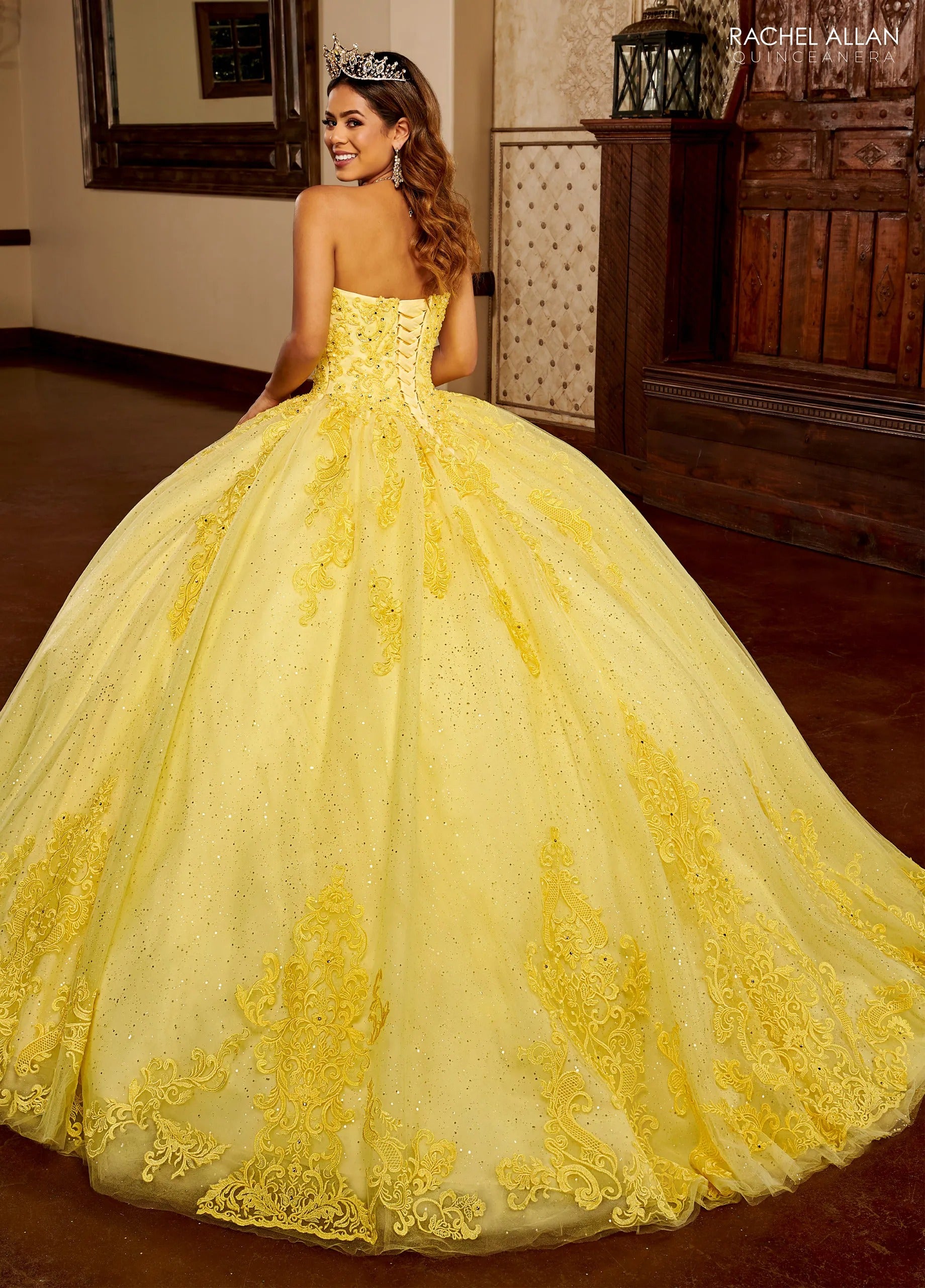 Yellow Sweetheart Floor Length Glitter Tulle Quinceanera Ball Gown with Cape Rachel Allan MQ2150