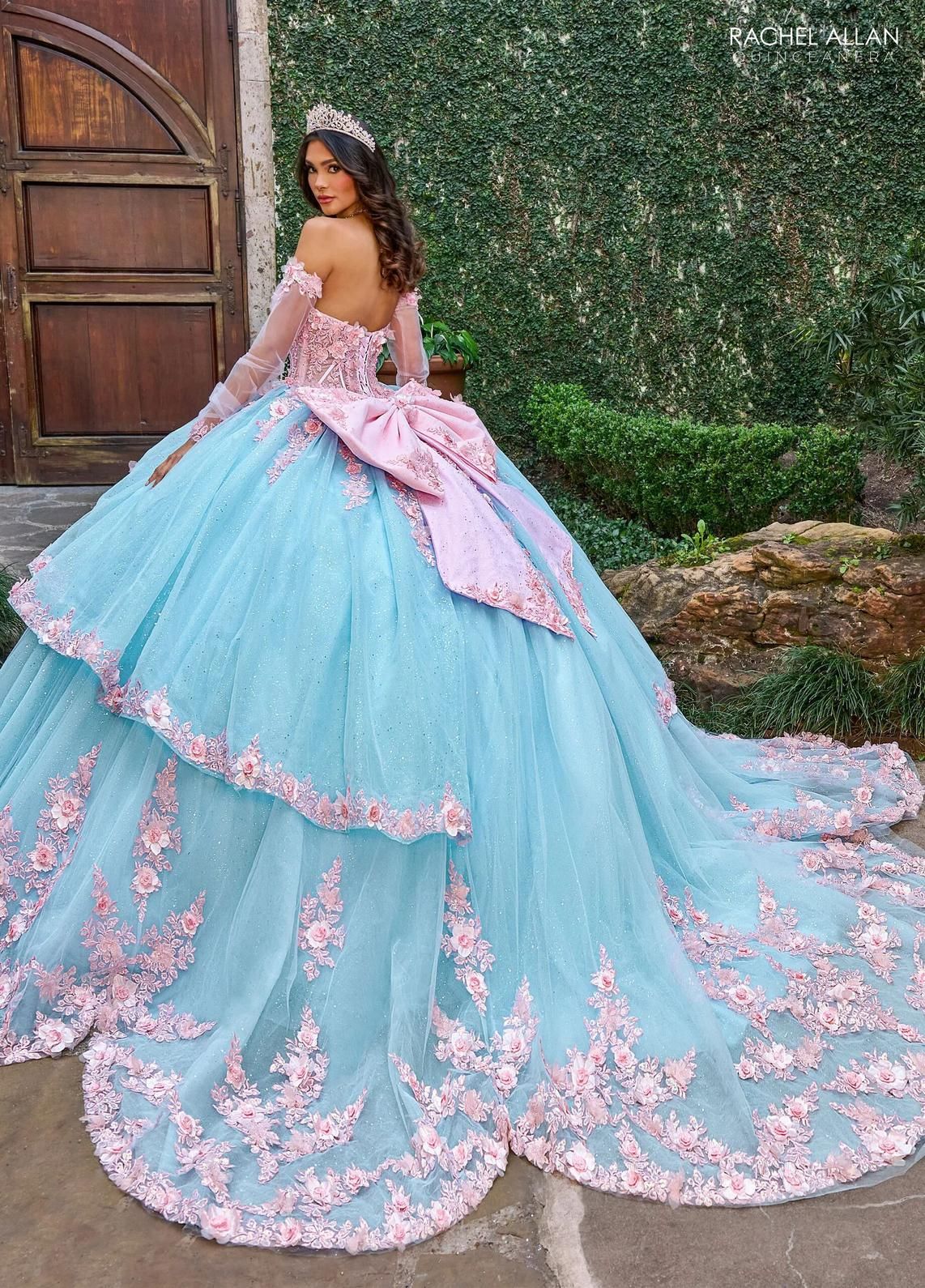 Pink Light Blue Off the Shoulder Floor Length Glitter Tulle Quinceanera Ball Gown with Floral Applique Rachel Allan RQ2196