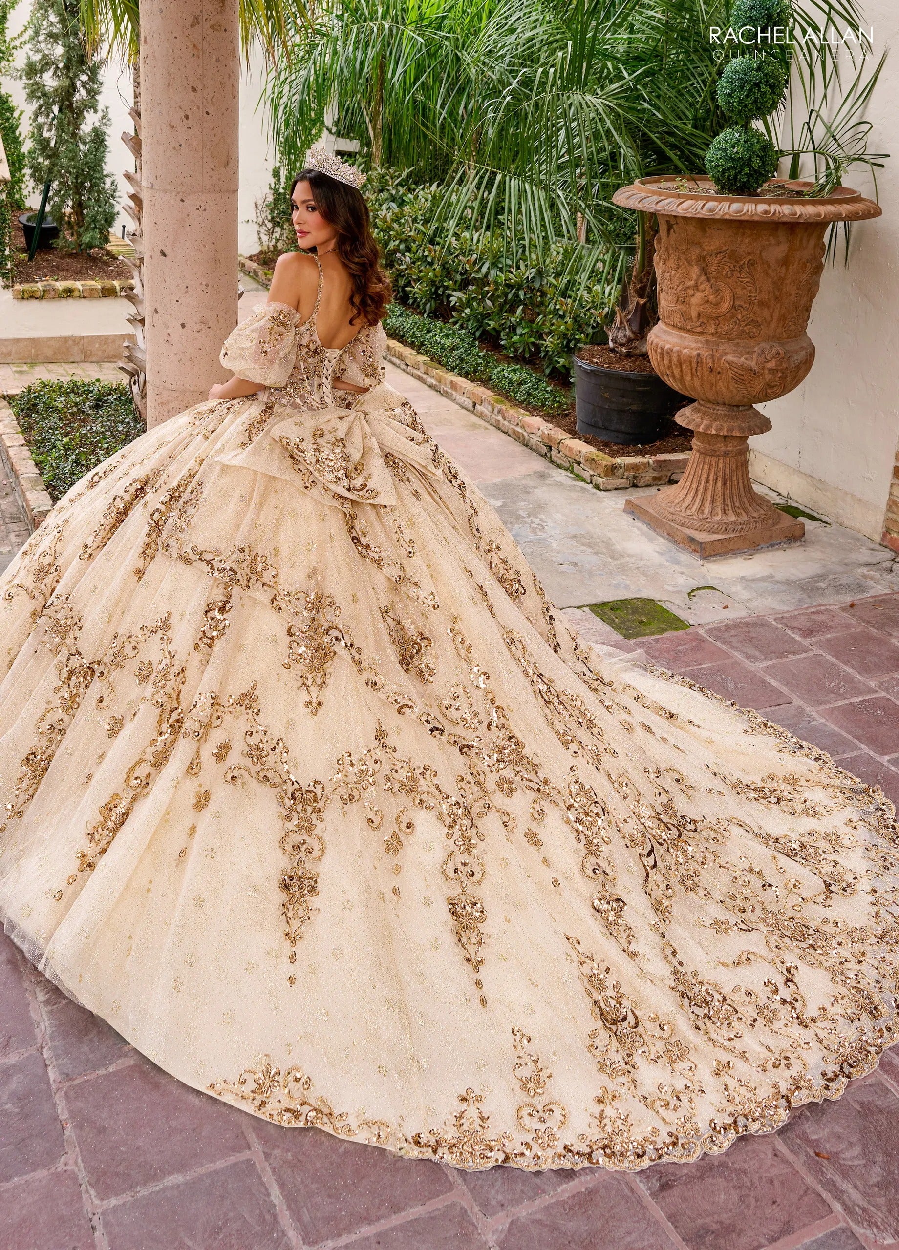 Champagne Gold Sweetheart Floor Length Glitter Tulle Quinceanera Ball Gown with Metallic Appliques Rachel Allan RQ2202