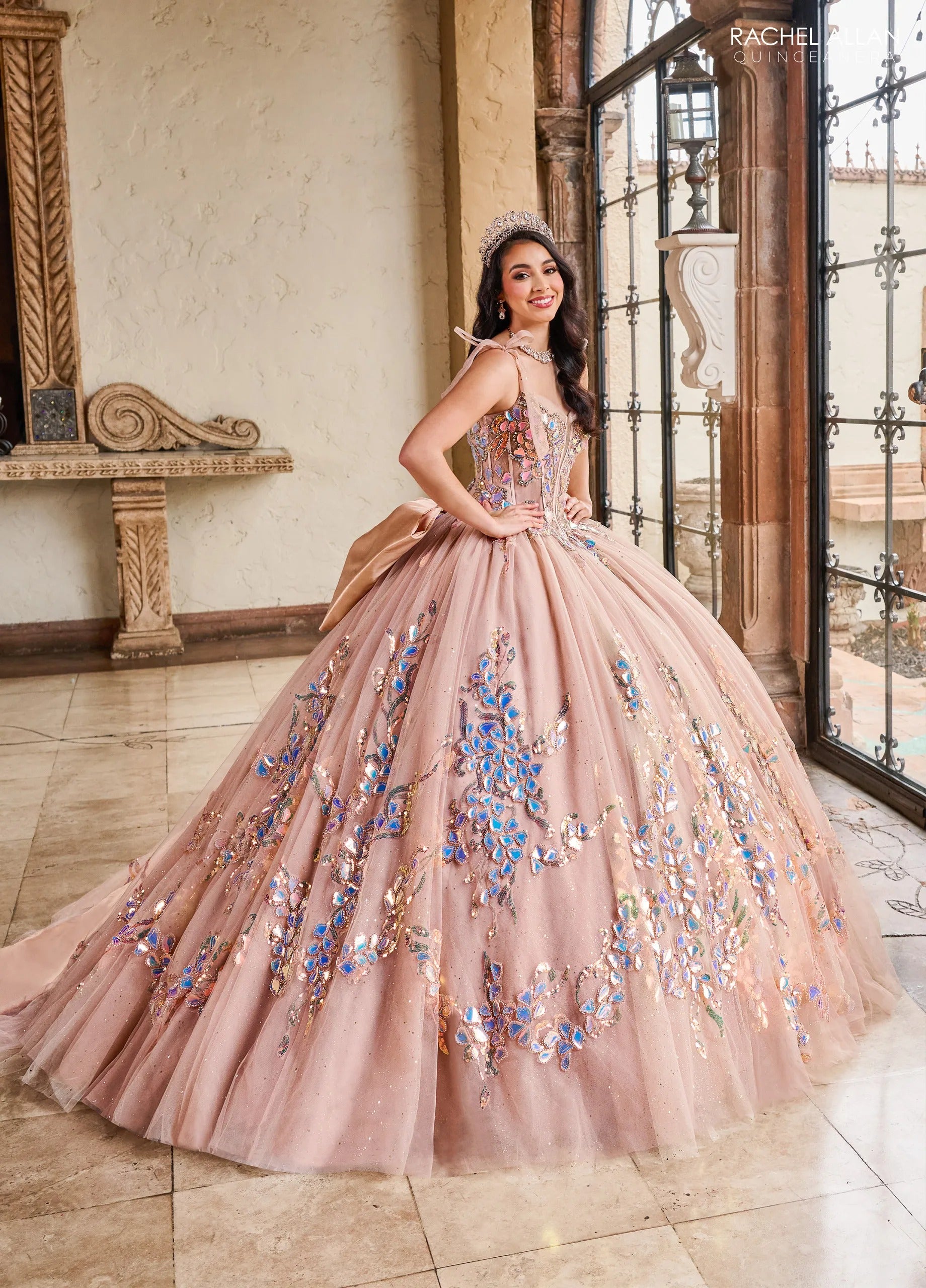 Latte Sweetheart Floor Length Glitter Tulle Quinceanera Ball Gown with Sheer Embroidered Bodice Rachel Allan RQ2203