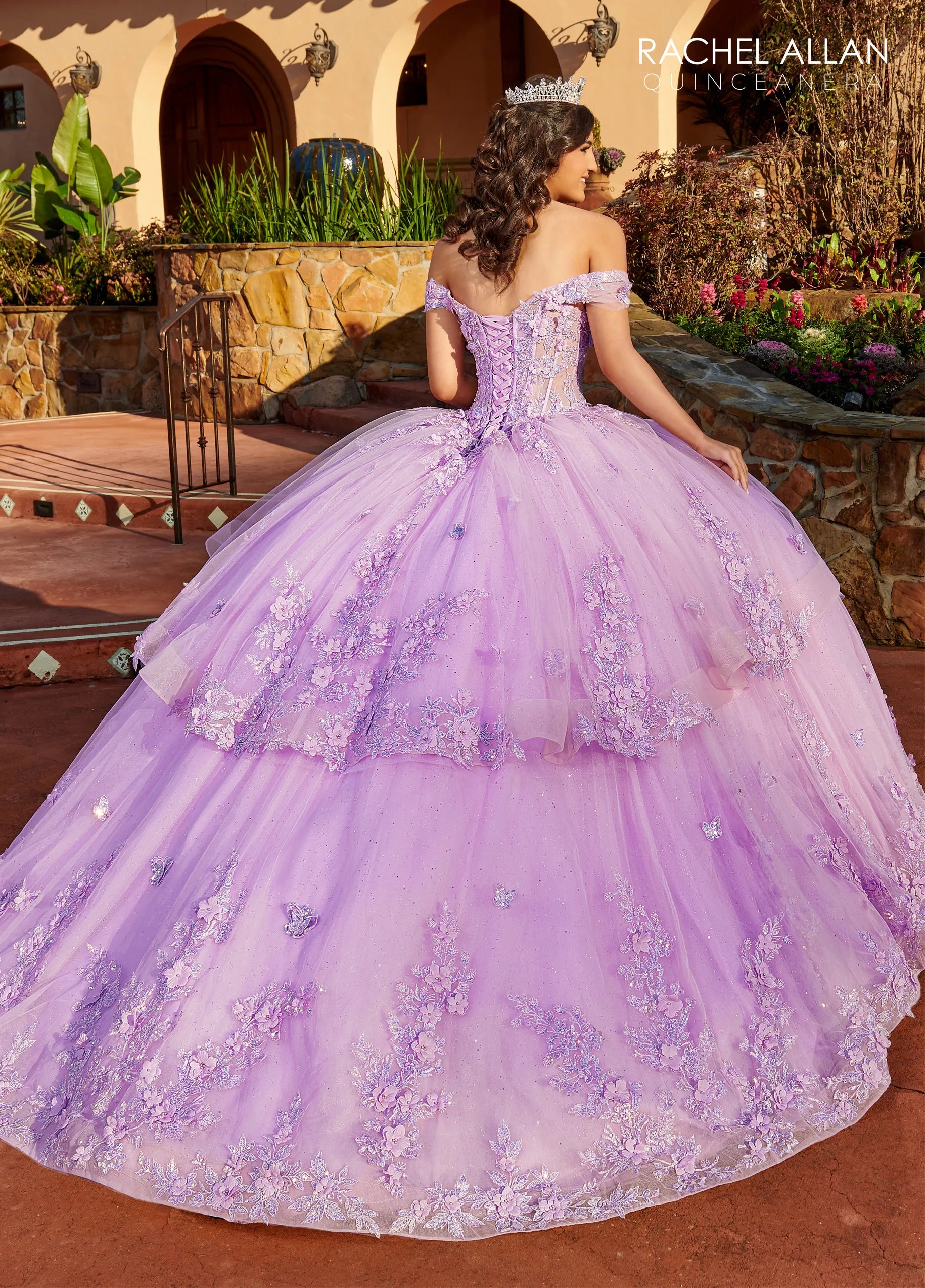 Lilac Off-the-Shoulder Floor-Length Glitter Tulle Quinceanera Ball Gown with Sweetheart Corset Bodice Rachel Allan RQ2179