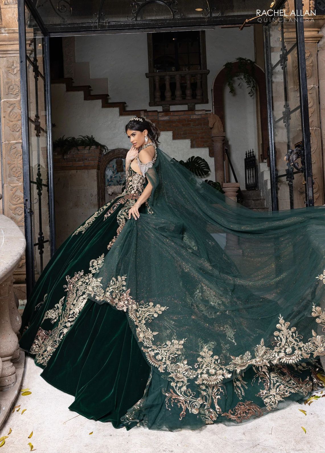 Emerald Gold Sweetheart Floor Length Velvet Quinceanera Ball Gown with Metallic Embroidery Rachel Allan RQ3160
