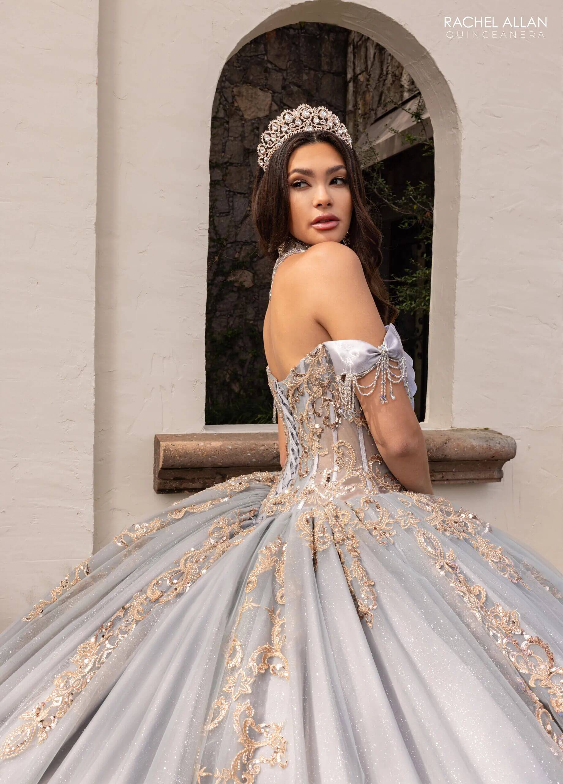 Silver Rose Gold Off the Shoulder Floor Length Glitter Tulle Quinceanera Ball Gown with Regal Applique Detachable Necklace and Bodice Liner Rachel Allan RQ2230